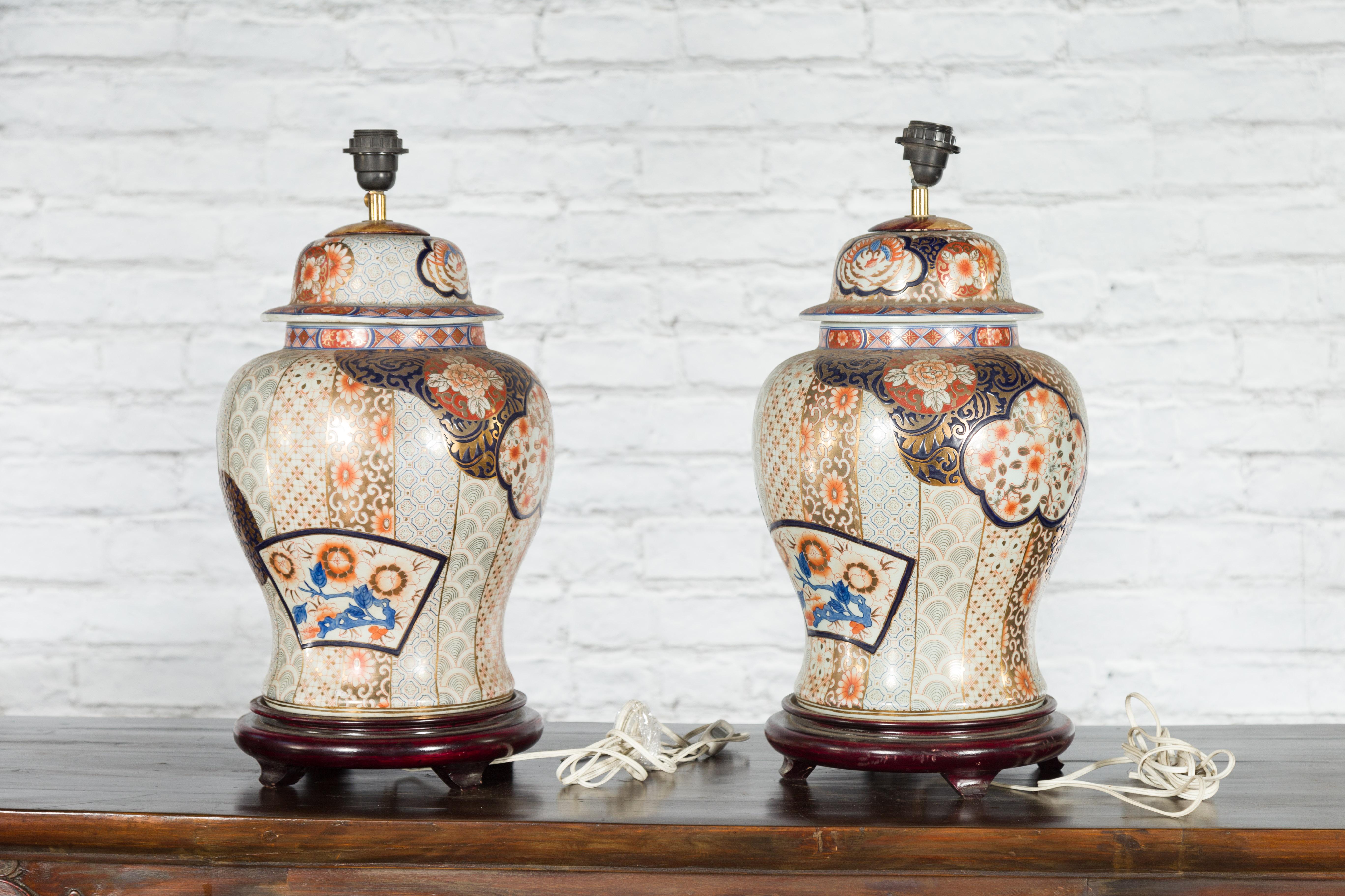 Pair of Vintage Japanese Arita Porcelain Gold, Dark Blue and Orange Table Lamps 8