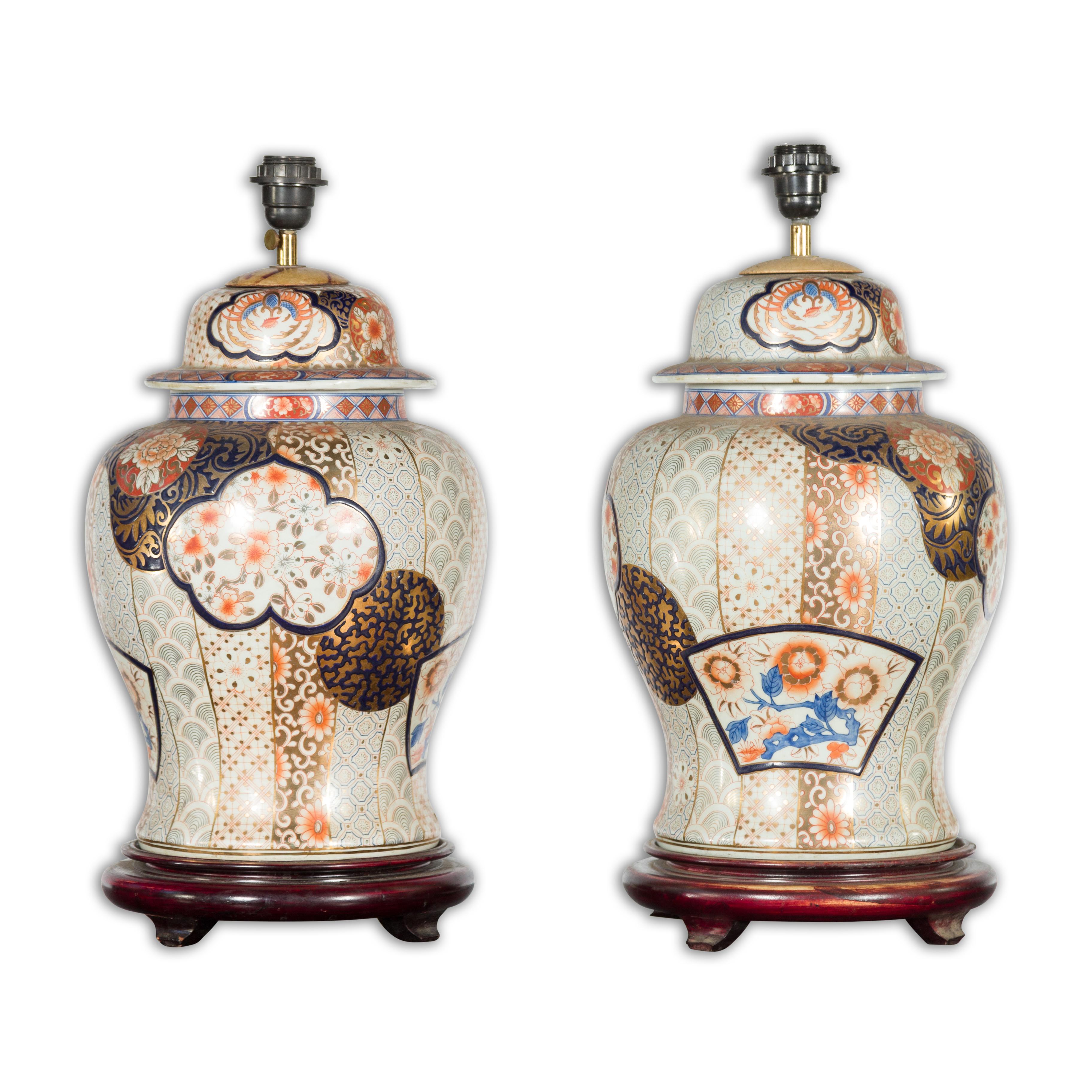 Pair of Vintage Japanese Arita Porcelain Gold, Dark Blue and Orange Table Lamps 9
