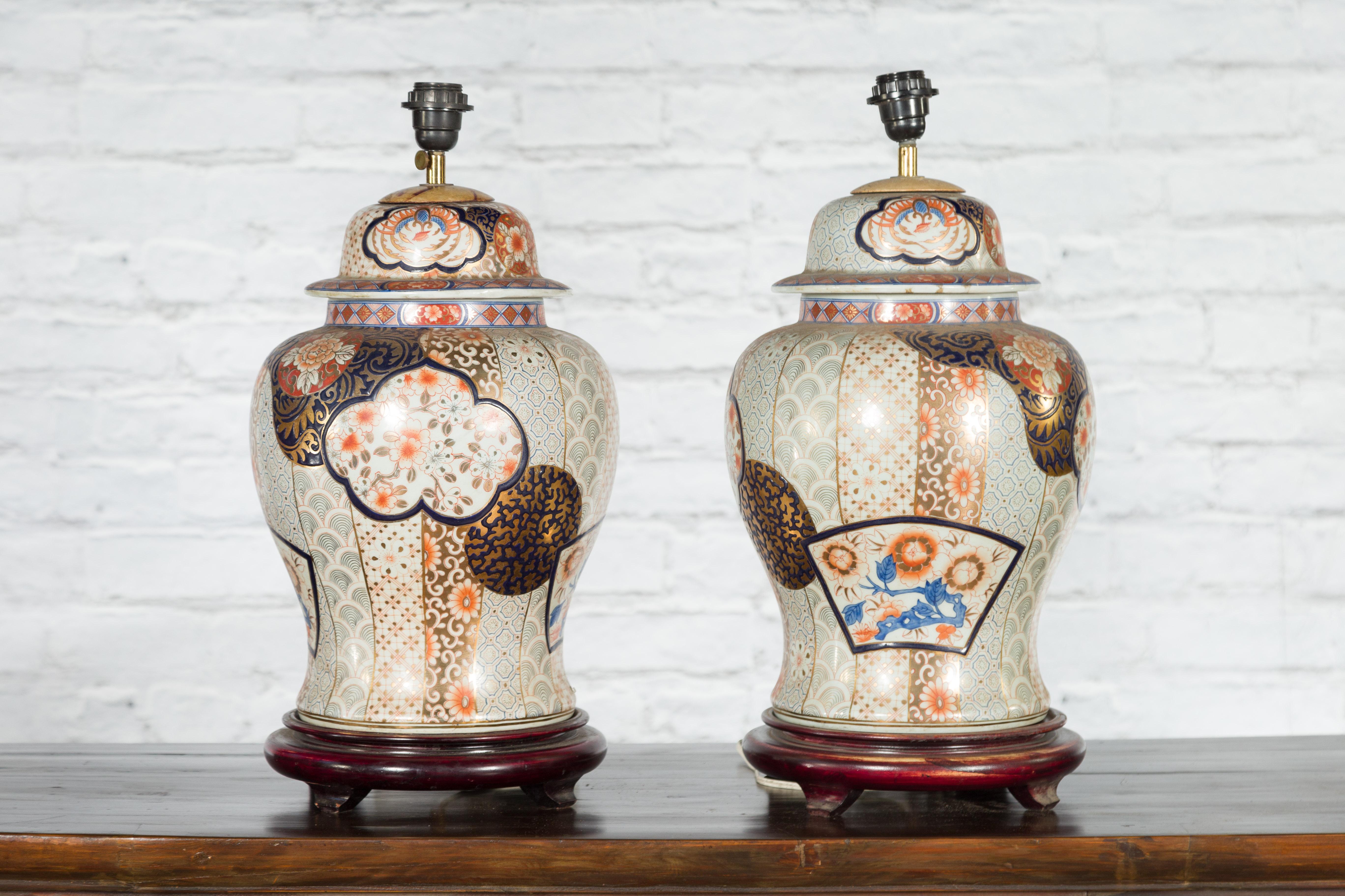 Chinese Pair of Vintage Japanese Arita Porcelain Gold, Dark Blue and Orange Table Lamps