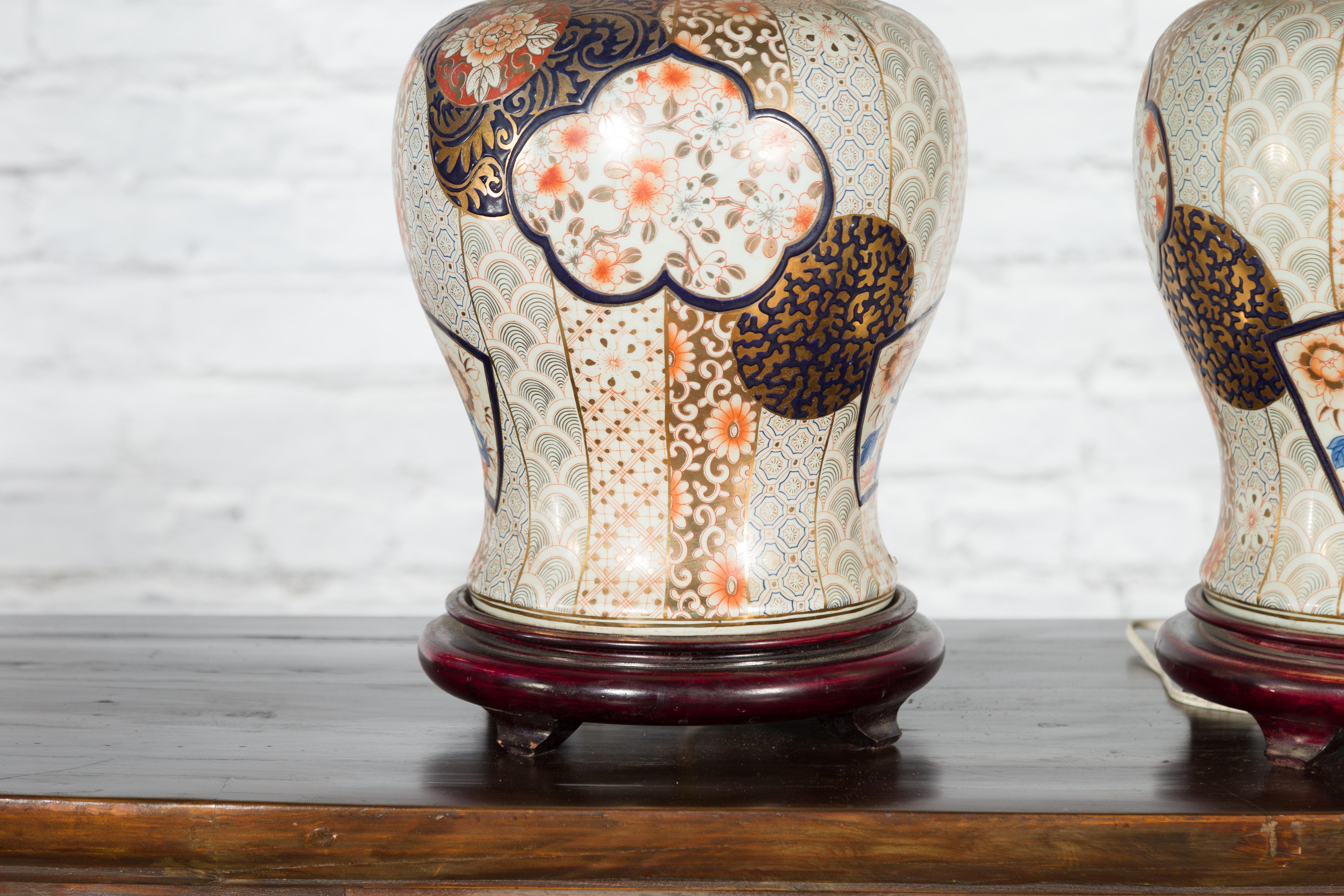 Pair of Vintage Japanese Arita Porcelain Gold, Dark Blue and Orange Table Lamps In Good Condition In Yonkers, NY