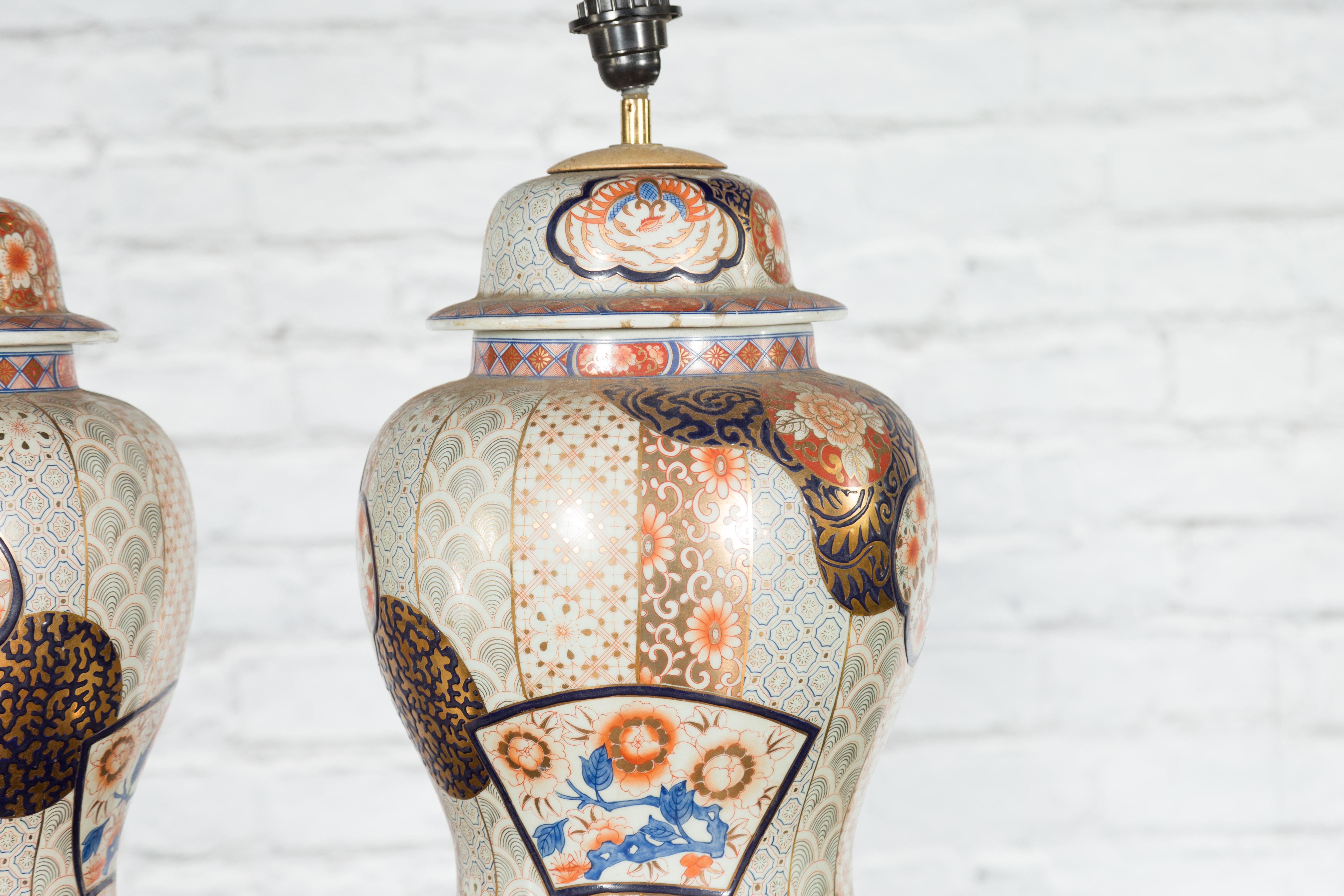 20th Century Pair of Vintage Japanese Arita Porcelain Gold, Dark Blue and Orange Table Lamps