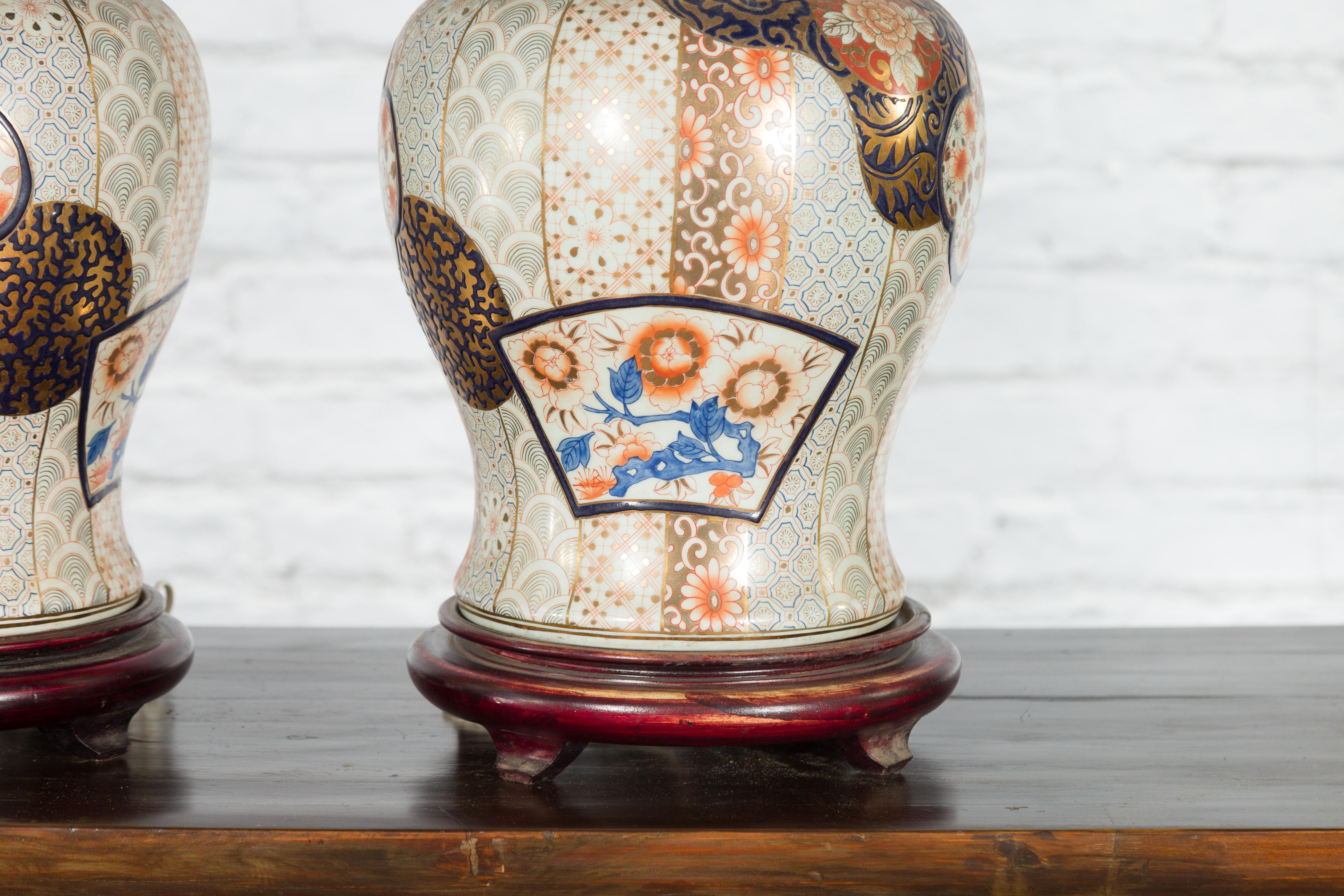 Wood Pair of Vintage Japanese Arita Porcelain Gold, Dark Blue and Orange Table Lamps