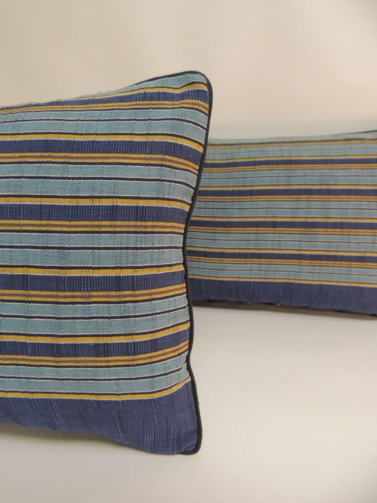 Japonisme Pair of Vintage Japanese Blue and Gold Obi Stripes Decorative Lumbar Pillows