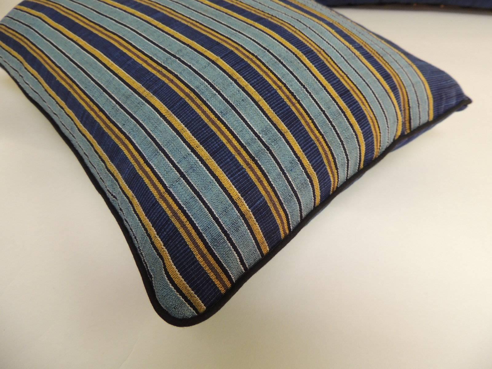 Hand-Crafted Pair of Vintage Japanese Blue and Gold Obi Stripes Decorative Lumbar Pillows