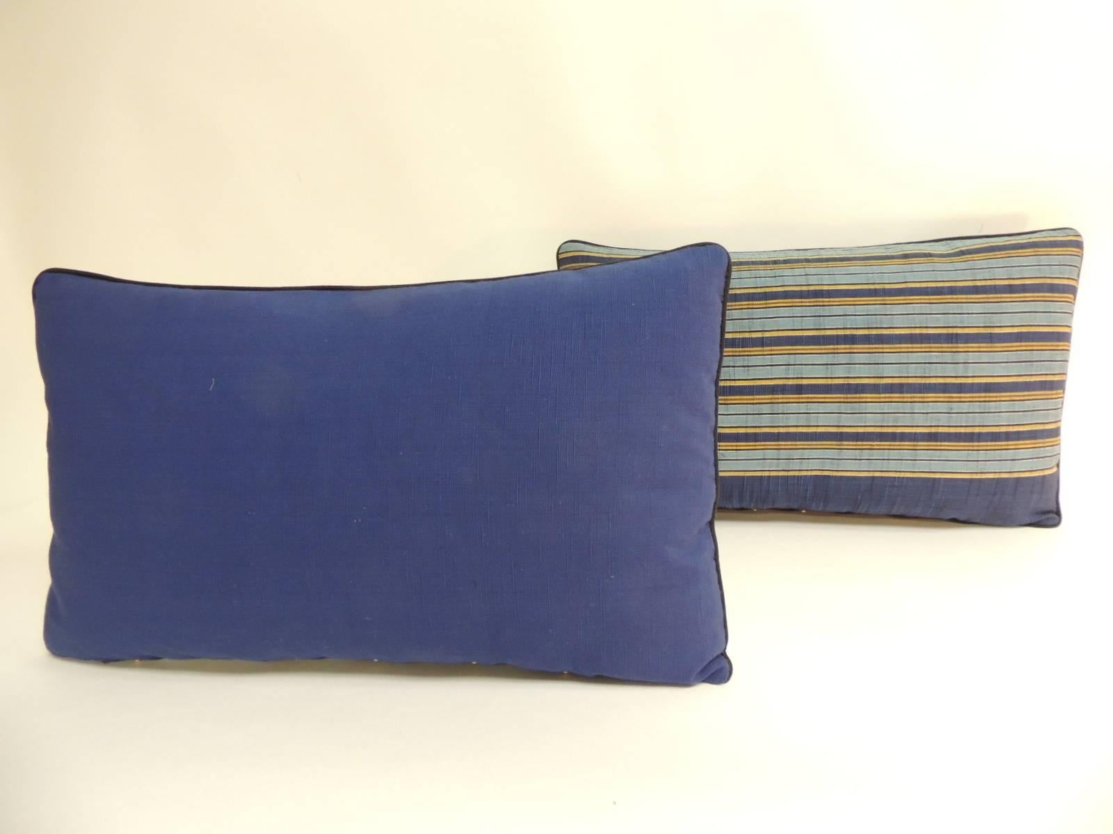 Pair of Vintage Japanese Blue and Gold Obi Stripes Decorative Lumbar Pillows In Good Condition In Oakland Park, FL