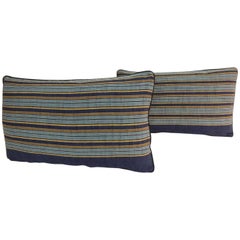 Pair of Vintage Japanese Blue and Gold Obi Stripes Decorative Lumbar Pillows Pair of Vintage Japanese Blue and Gold Obi Stripes Decorative Lumbar Pillows