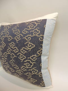 Pair of Vintage Blue and Gold Japanese Obi Clouds Embroidery Decorative Pillows