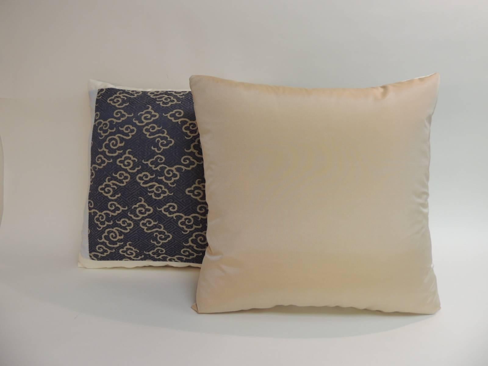 Late 20th Century Pair of Vintage Blue and Gold Japanese Obi Clouds Embroidery Decorative Pillows
