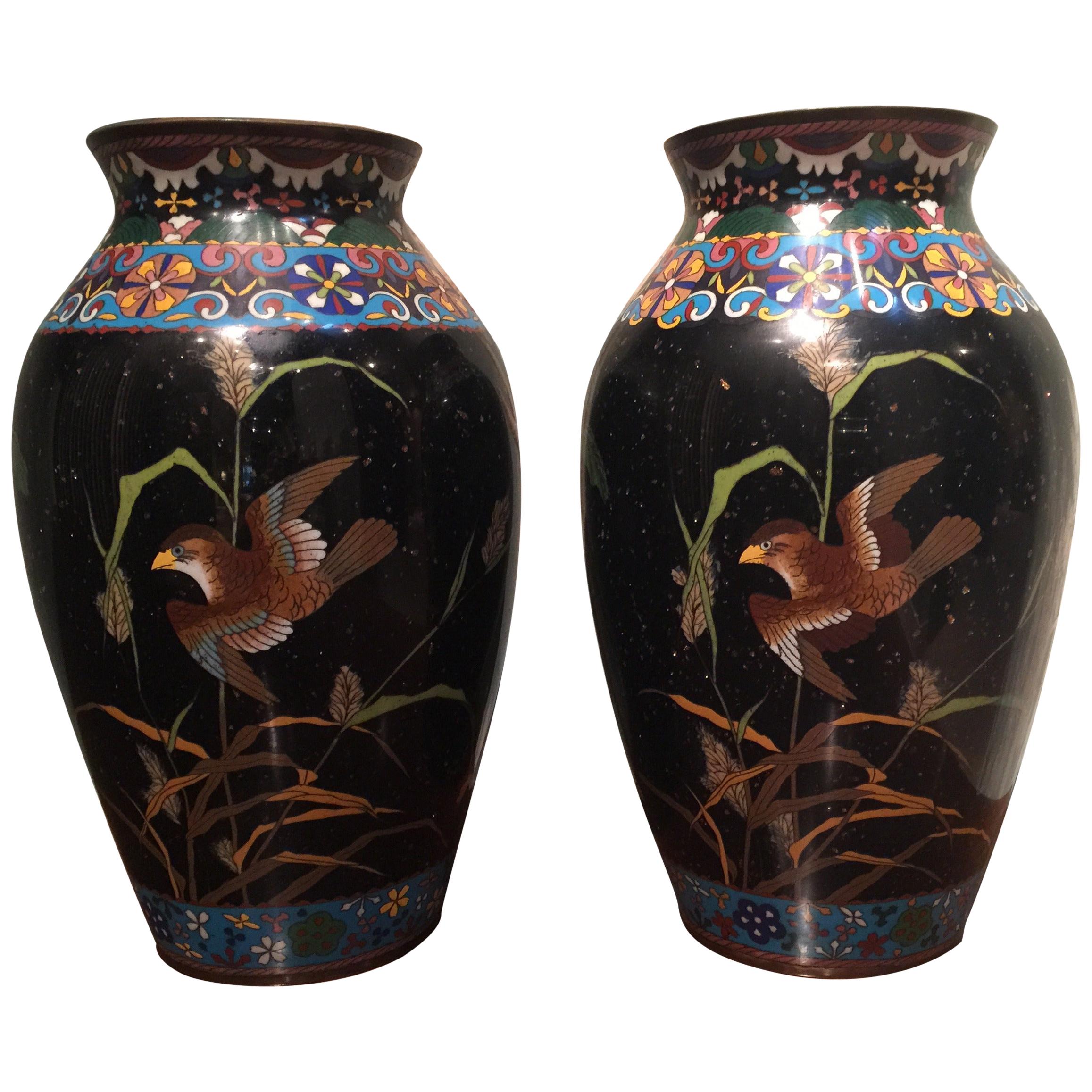 Pair of Vintage Japanese Enamel Vases with Birds For Sale