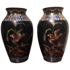 Pair of Vintage Japanese Enamel Vases with Birds