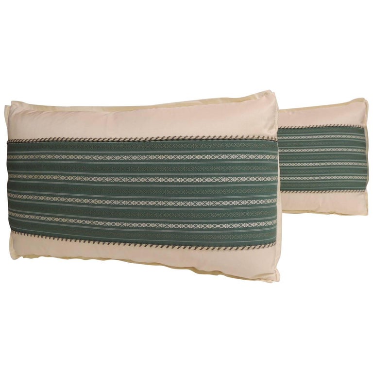 Pair of Vintage Japanese Green Obi Decorative Lumbar Pillows For Sale