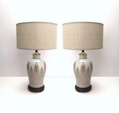 Pair of Japanese Hand Painted Porcelain Lamps in White, Grey, and Pink, C. 1970s