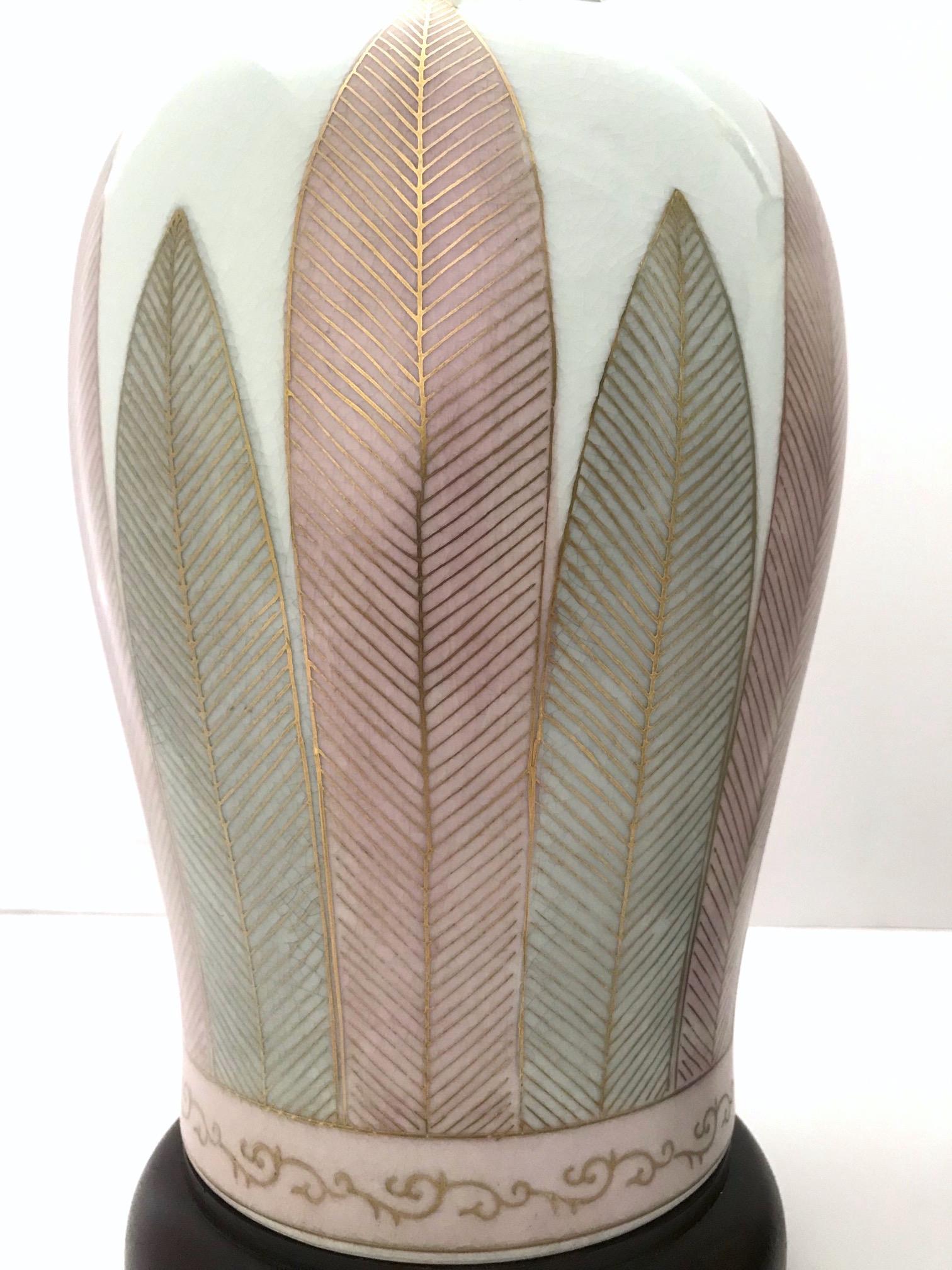 Pair of Japanese Hand Painted Porcelain Lamps in White, Grey, and Pink, C. 1970s In Excellent Condition For Sale In Fort Lauderdale, FL