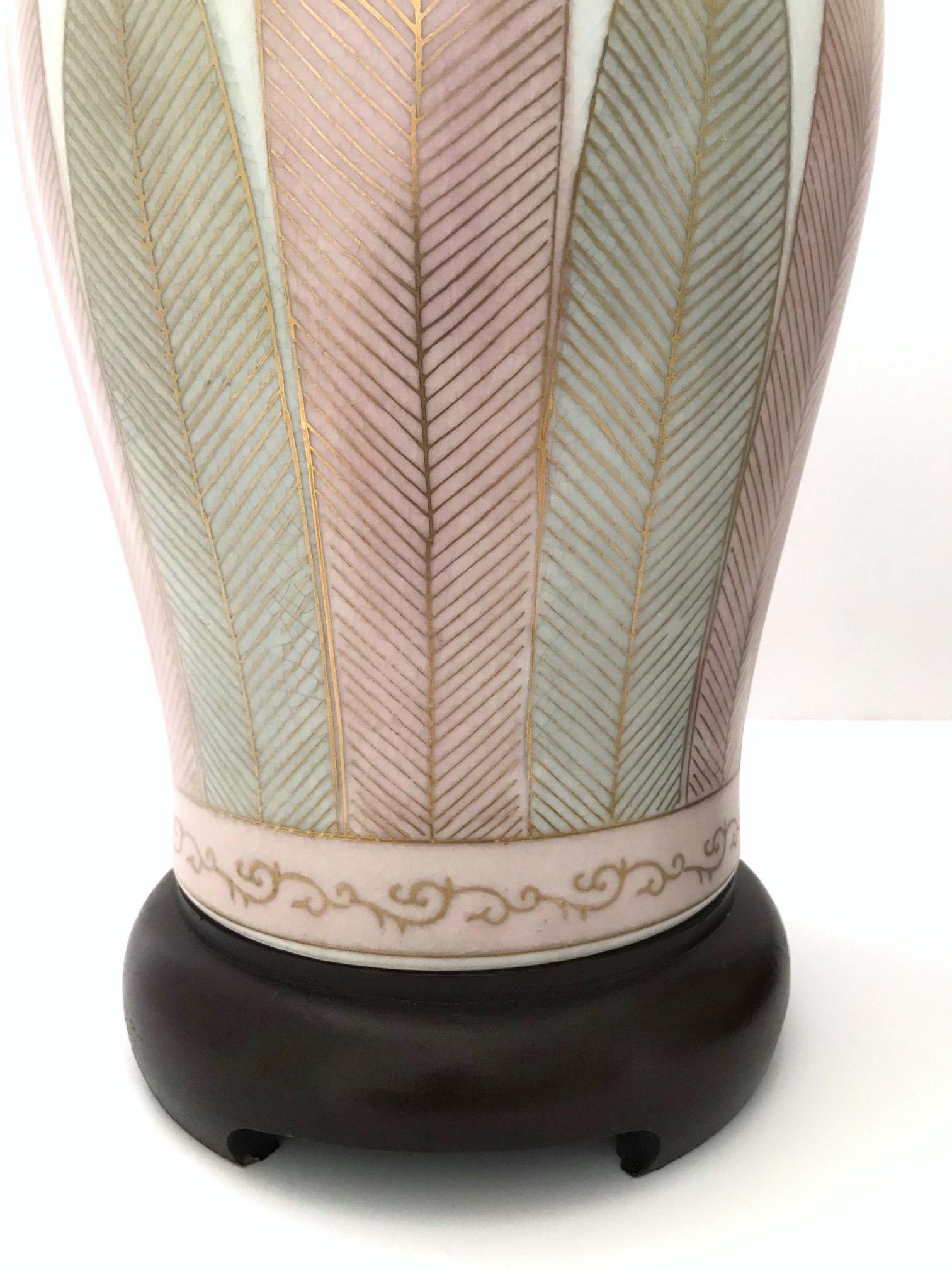 Gold Pair of Japanese Hand Painted Porcelain Lamps in White, Grey, and Pink, C. 1970s For Sale