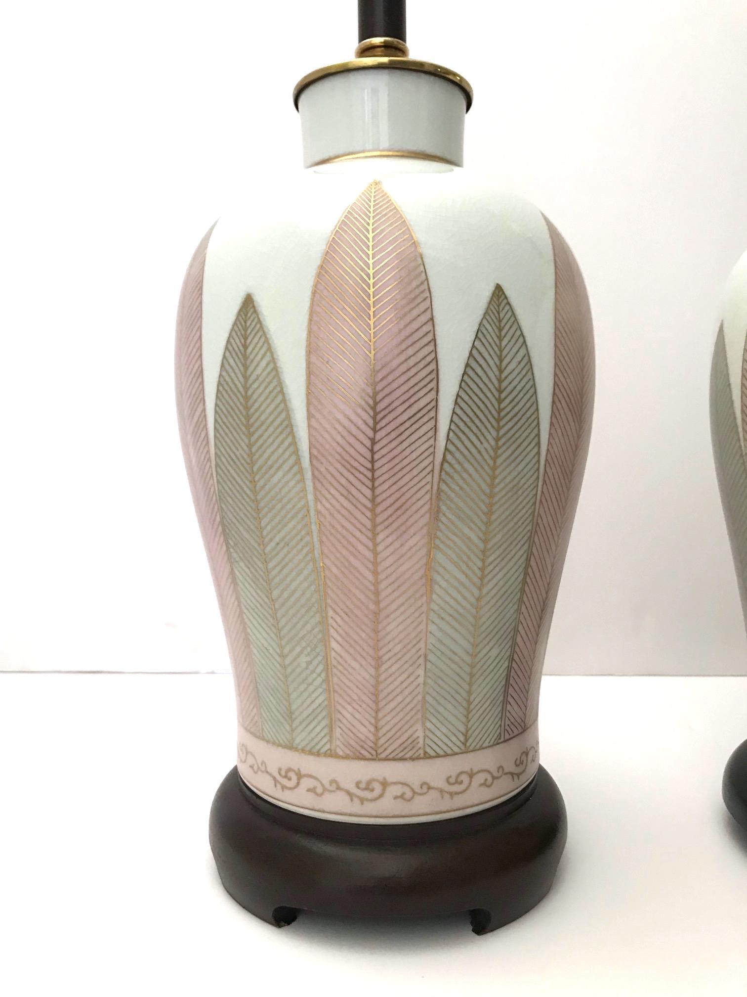 Pair of Japanese Hand Painted Porcelain Lamps in White, Grey, and Pink, C. 1970s For Sale 2
