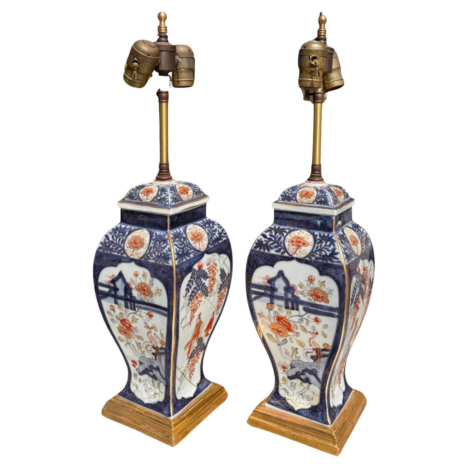 Pair of Vintage Japanese Imari Pottery Designer Table Lamps For Sale