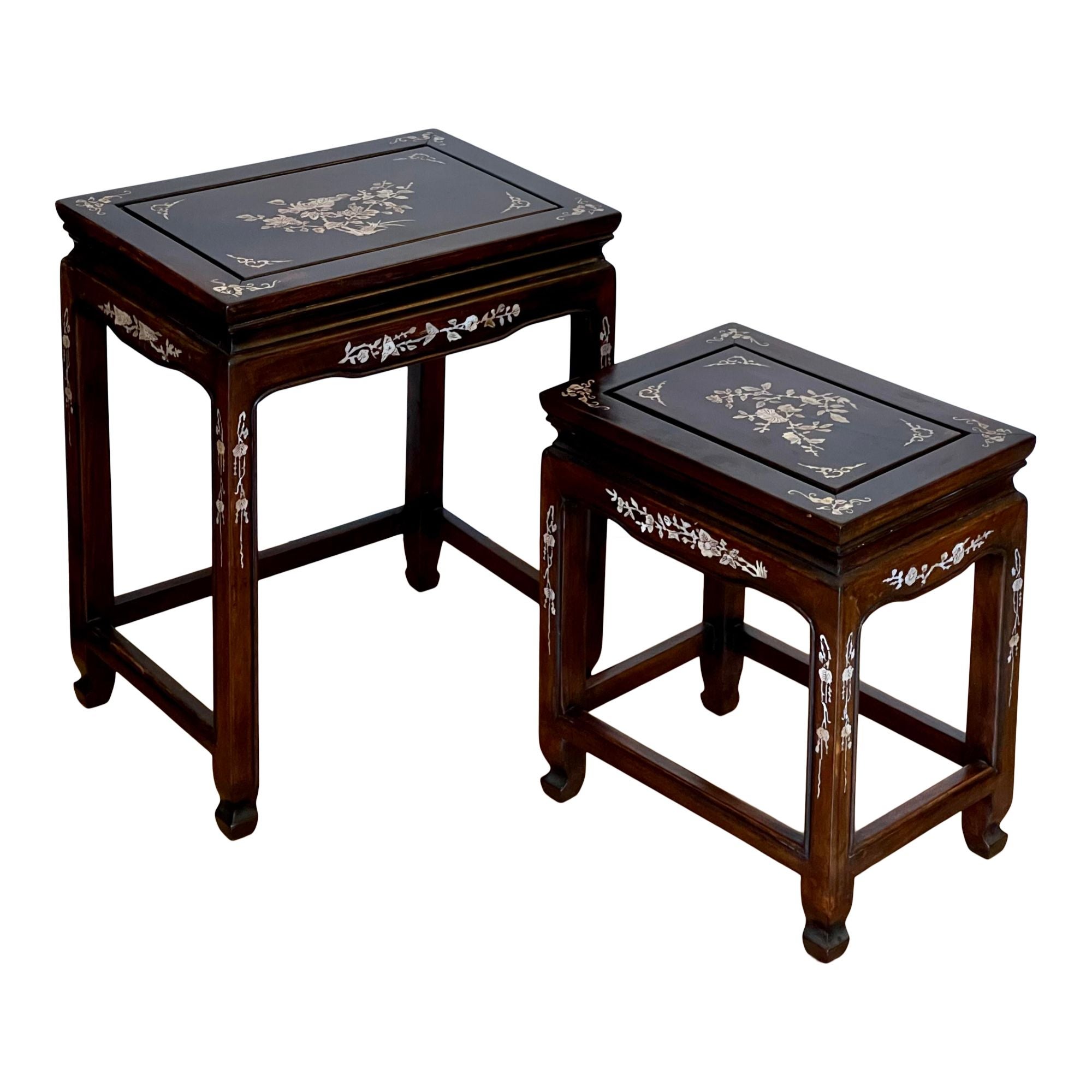 Pair of Vintage Japanese Mother of Pearl Inlaid Rosewood Nesting Tables For Sale