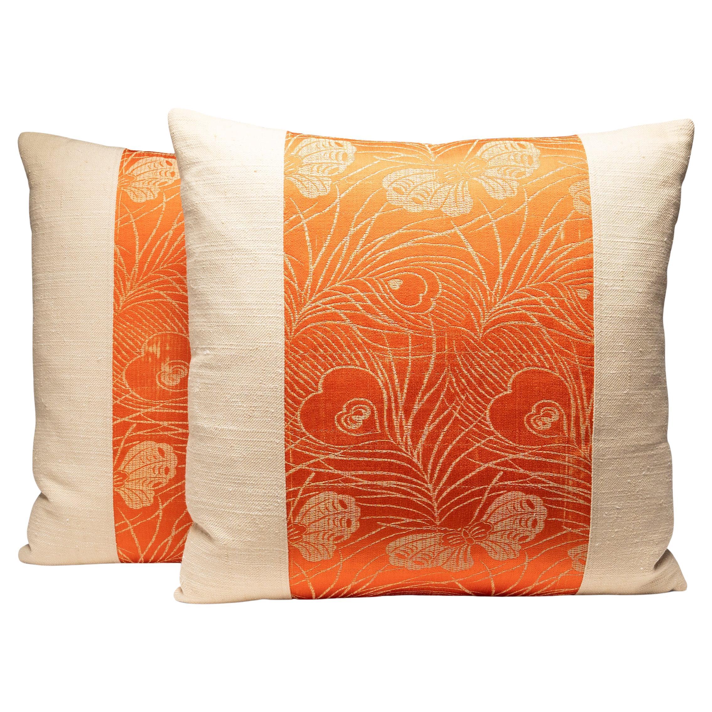 Pair of Vintage Japanese Obi Silk Pillows For Sale