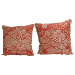 Pair of Vintage Japanese Pink and Ecru Silk Floral Decorative Pillows