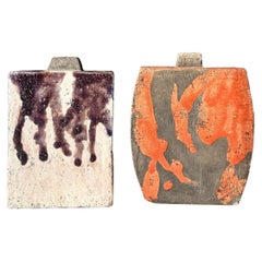 Pair of Vintage Japanese Style Raku Running Glaze Vases
