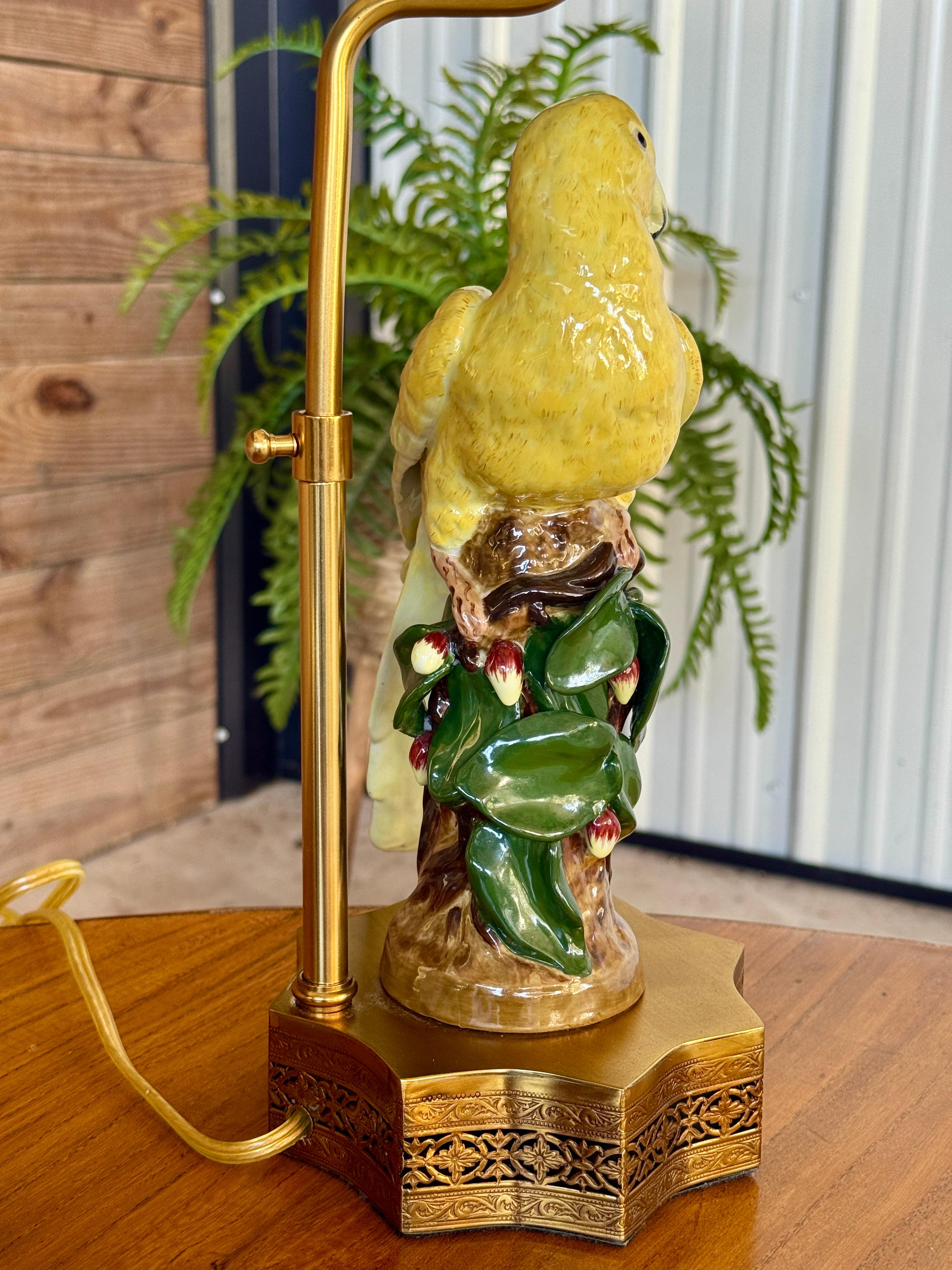 Regency Pair of Vintage Jeanne Reed Porcelain Parrot Table Lamps With Gilt Bases For Sale
