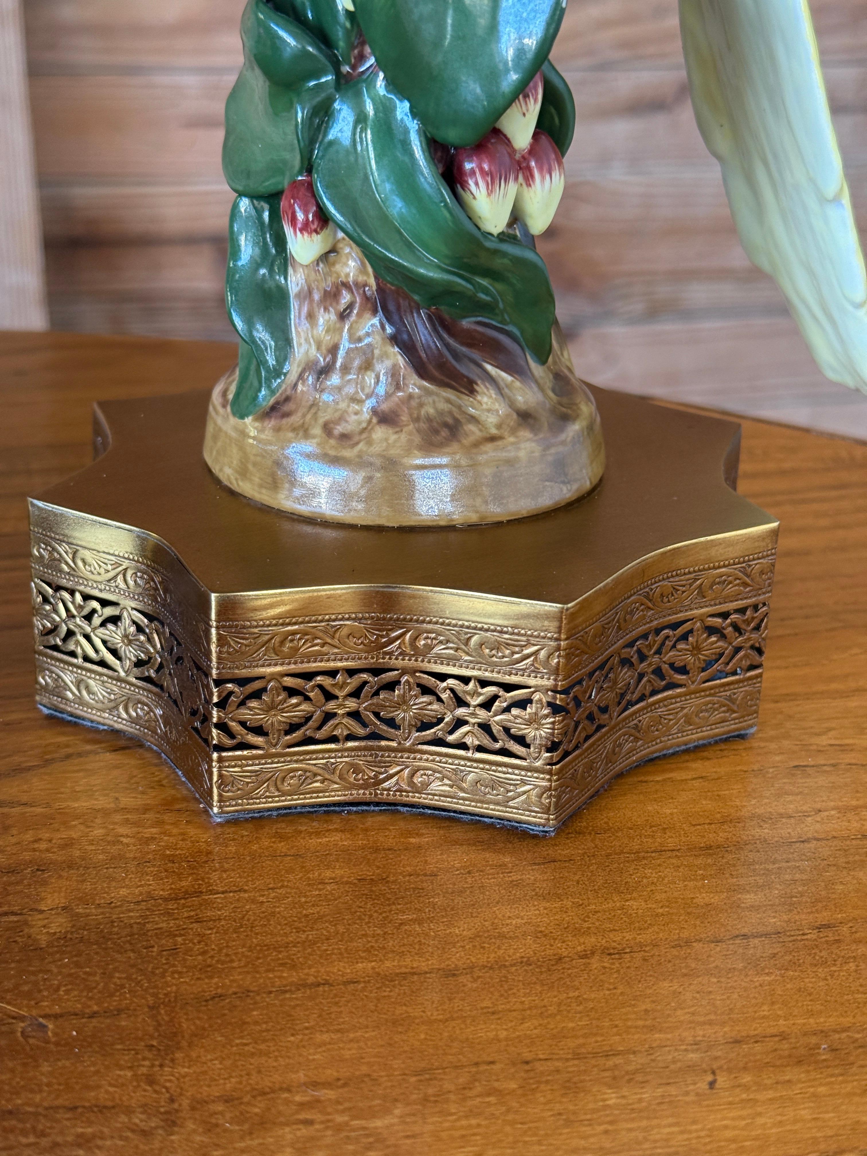 Metal Pair of Vintage Jeanne Reed Porcelain Parrot Table Lamps With Gilt Bases For Sale