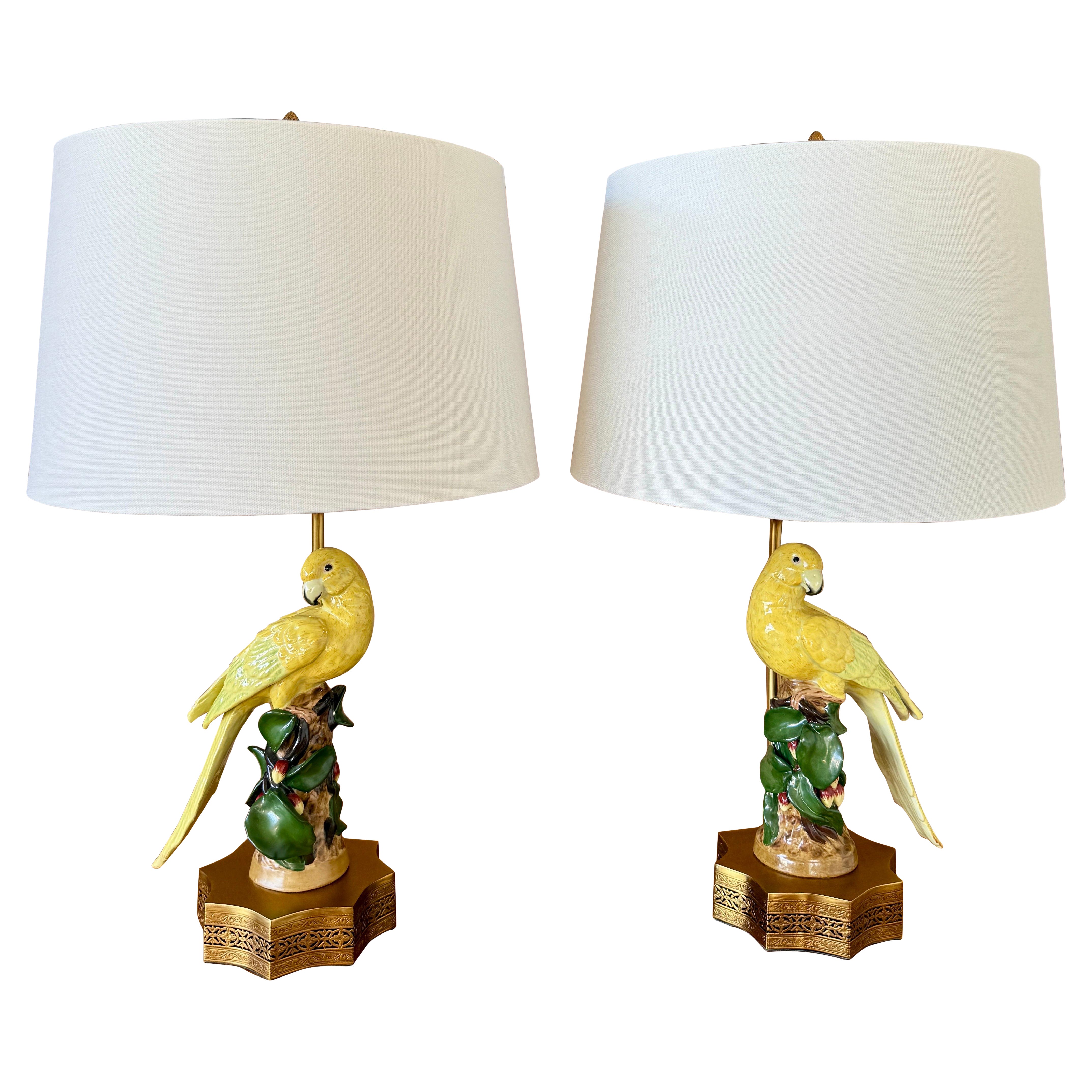 Pair of Vintage Jeanne Reed Porcelain Parrot Table Lamps With Gilt Bases For Sale