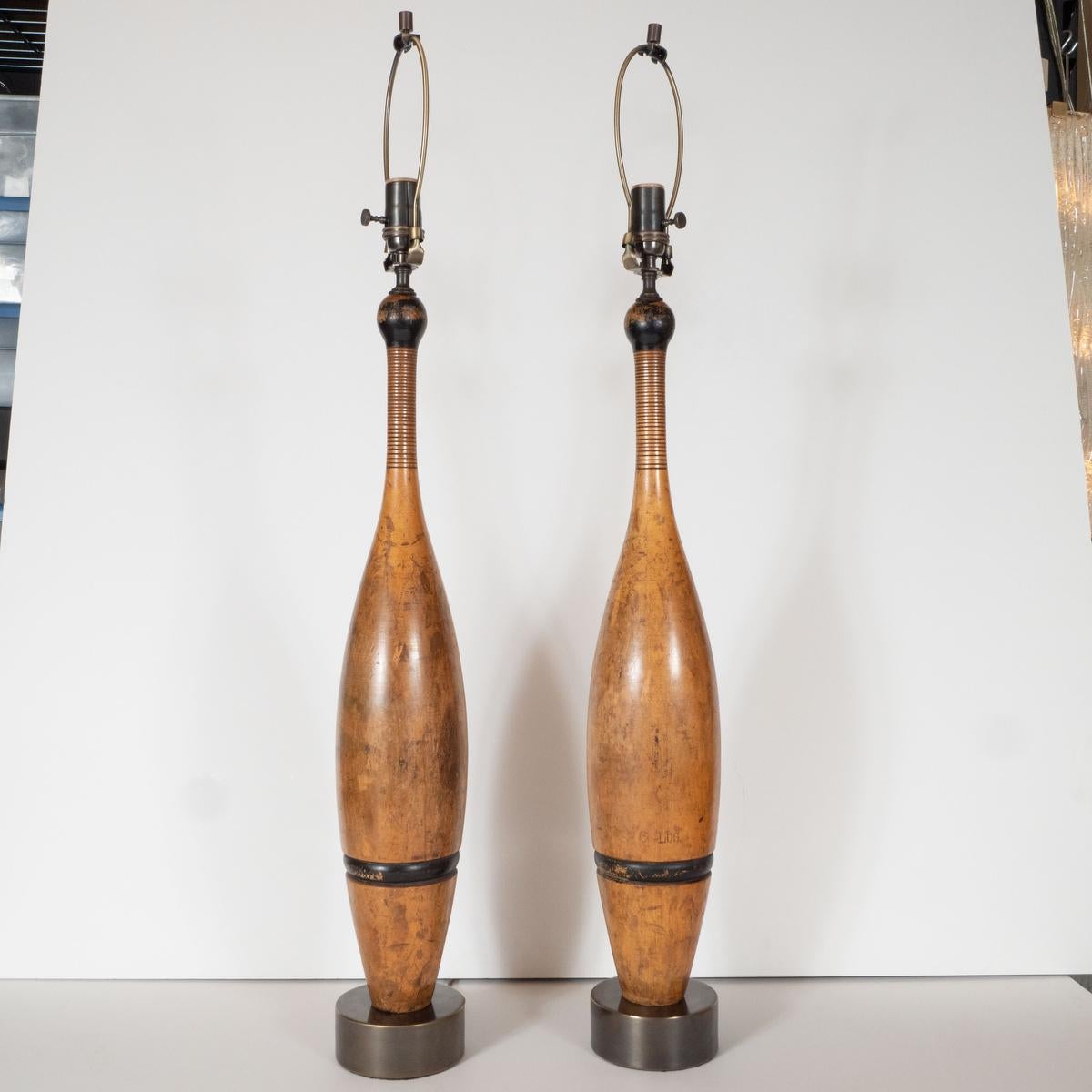 American Pair of Vintage Juggling Pin Table Lamps For Sale