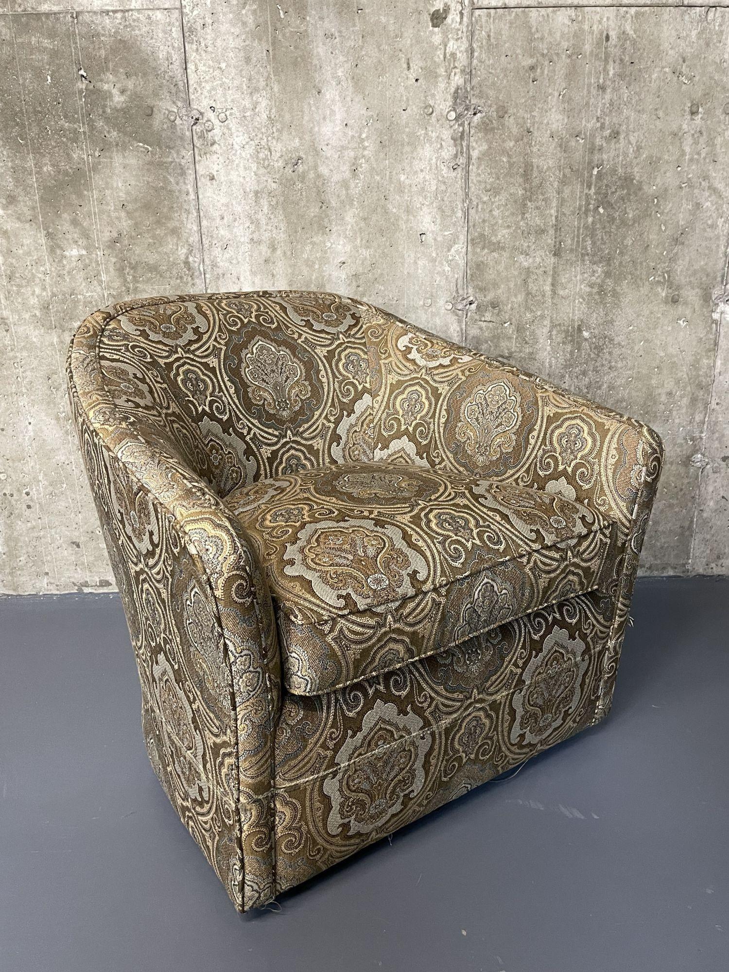 A pair of Vintage Kagan style arm or lounge swivel tub chairs. 
 
The pair comfortable and strudy each having metal swivel bases with deep padded cushions and back rest covered in a very appealing Scalamandre fabric. 
Measures: H-31.5