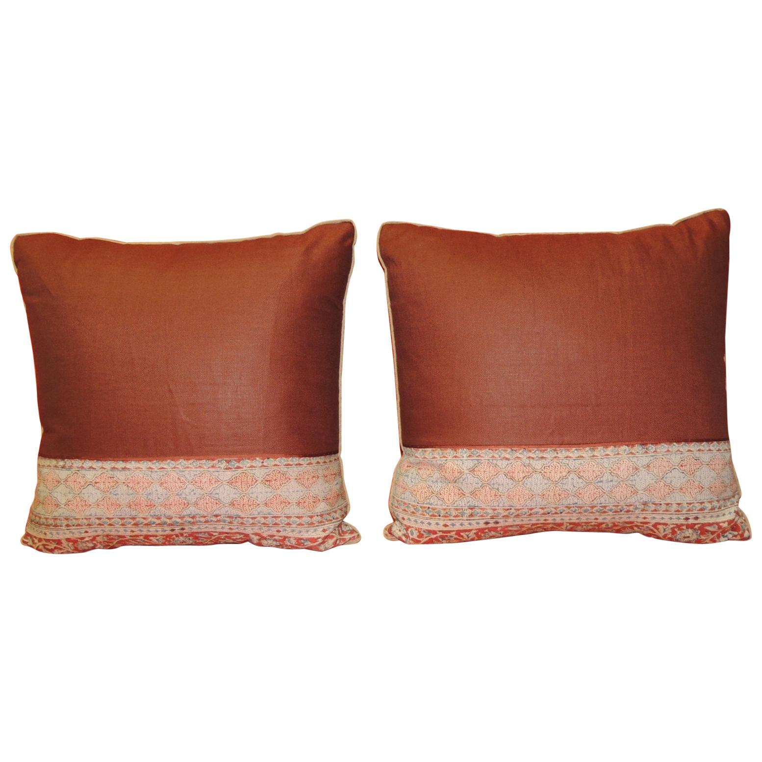 Pair of Vintage Kalamkari Indian Square Decorative Pillows