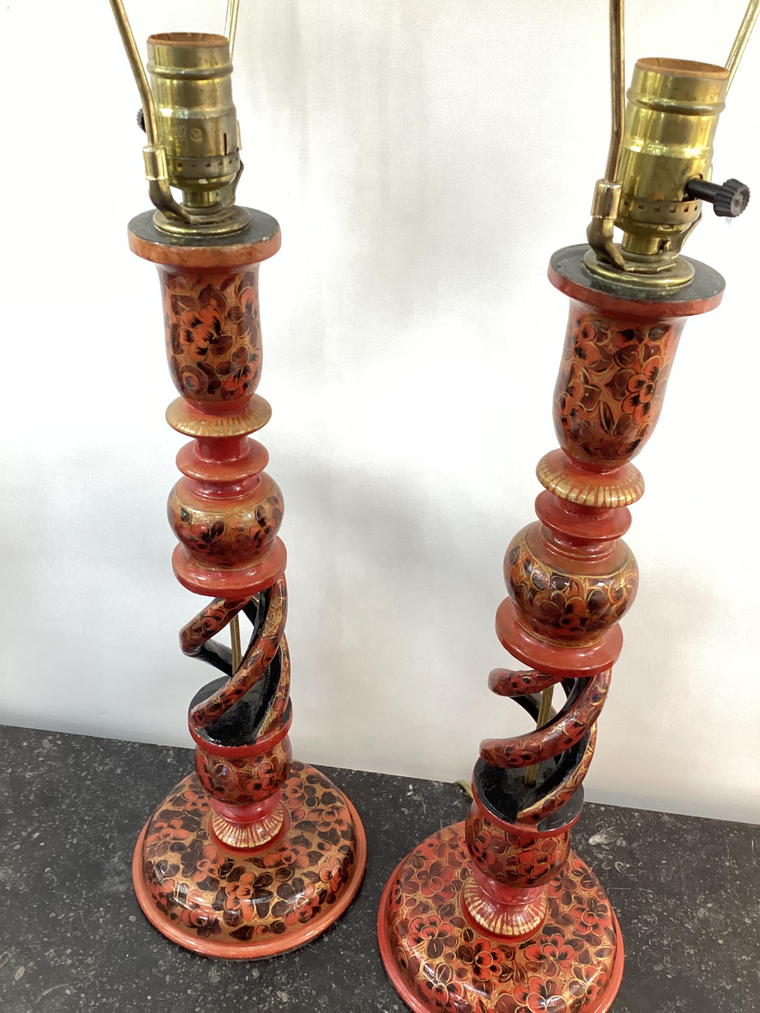 Anglo Raj Pair of Vintage Kashmiri Lacquer Candlestick Lamps