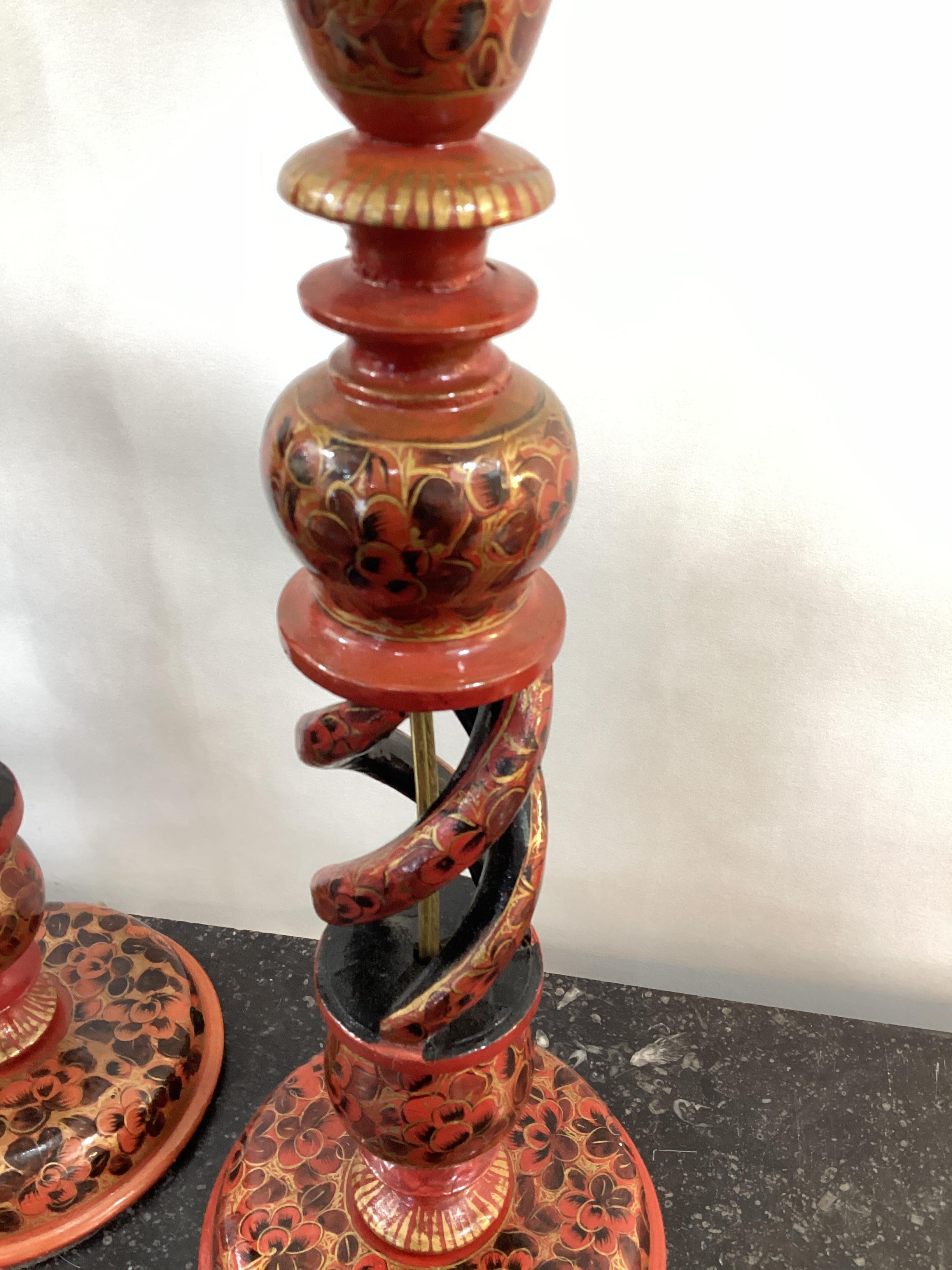 Pair of Vintage Kashmiri Lacquer Candlestick Lamps In Good Condition In Chapel Hill, NC