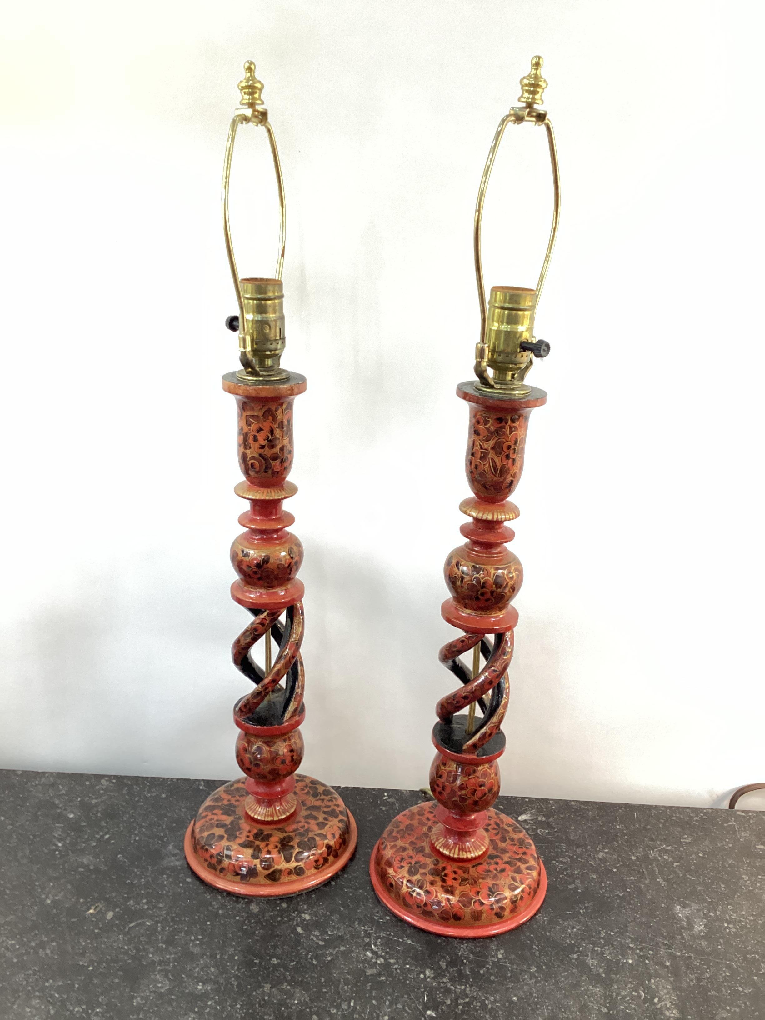 Late 20th Century Pair of Vintage Kashmiri Lacquer Candlestick Lamps