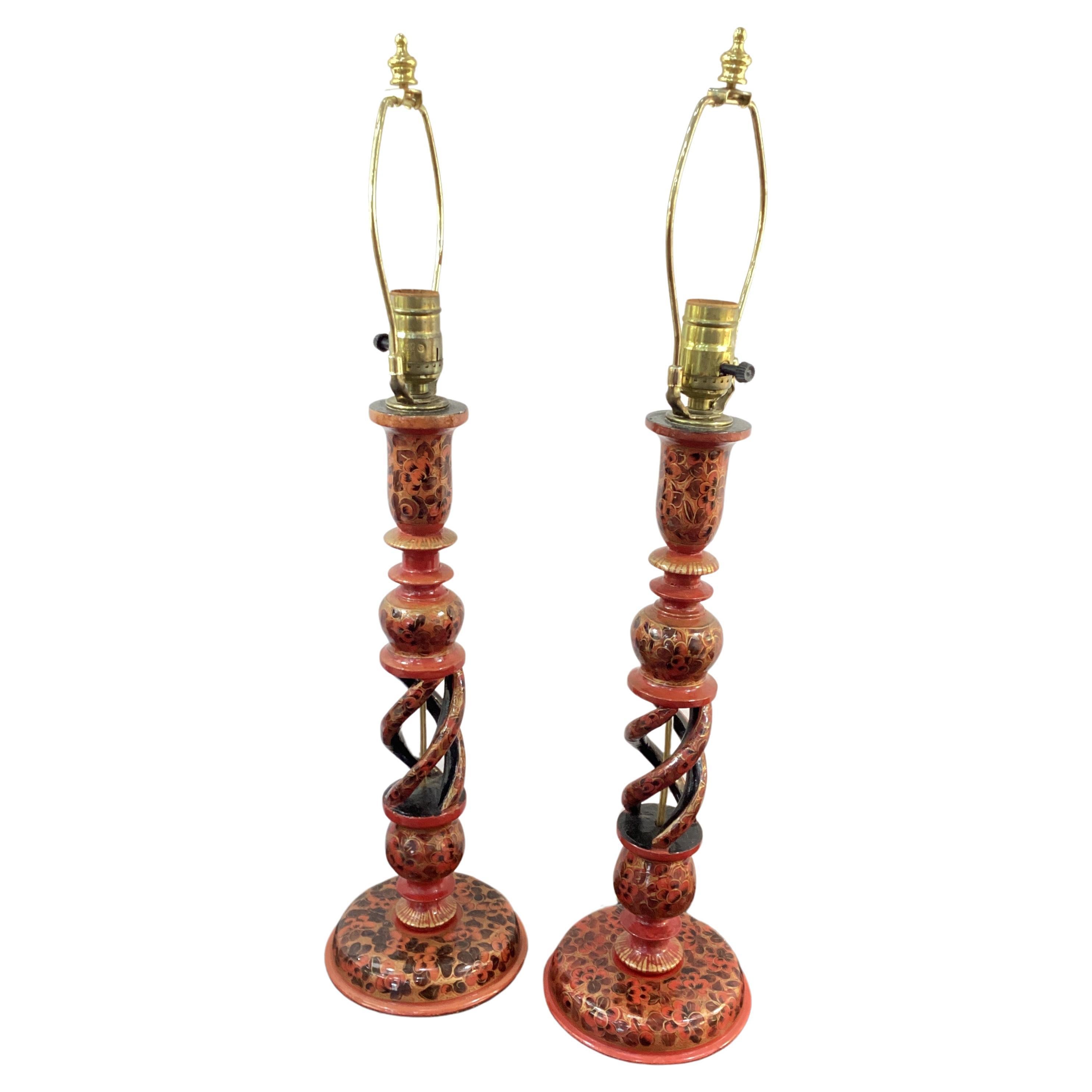 Pair of Vintage Kashmiri Lacquer Candlestick Lamps