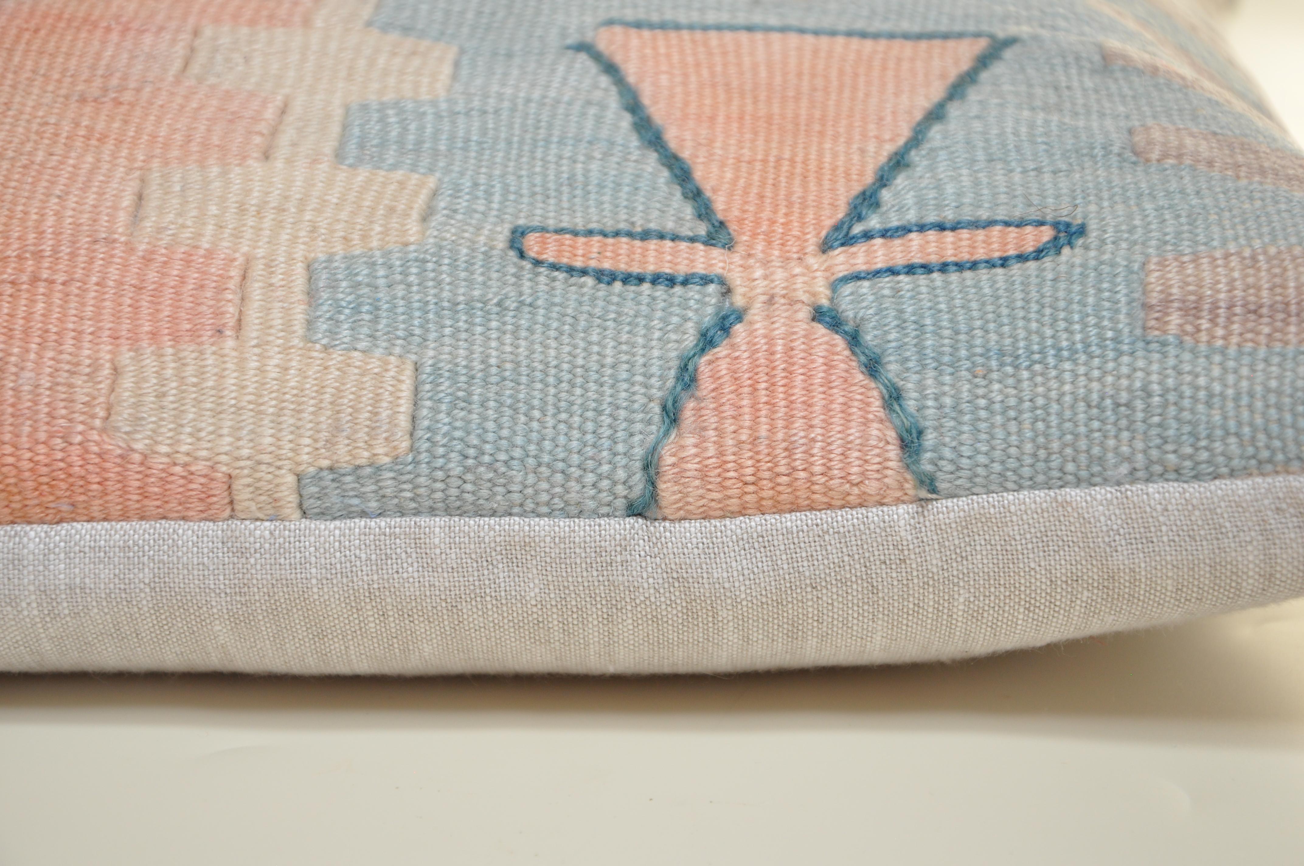 Bohemian Pair of Vintage Kilim Rug Pillow with Irish Linen Blue Blush Pink For Sale