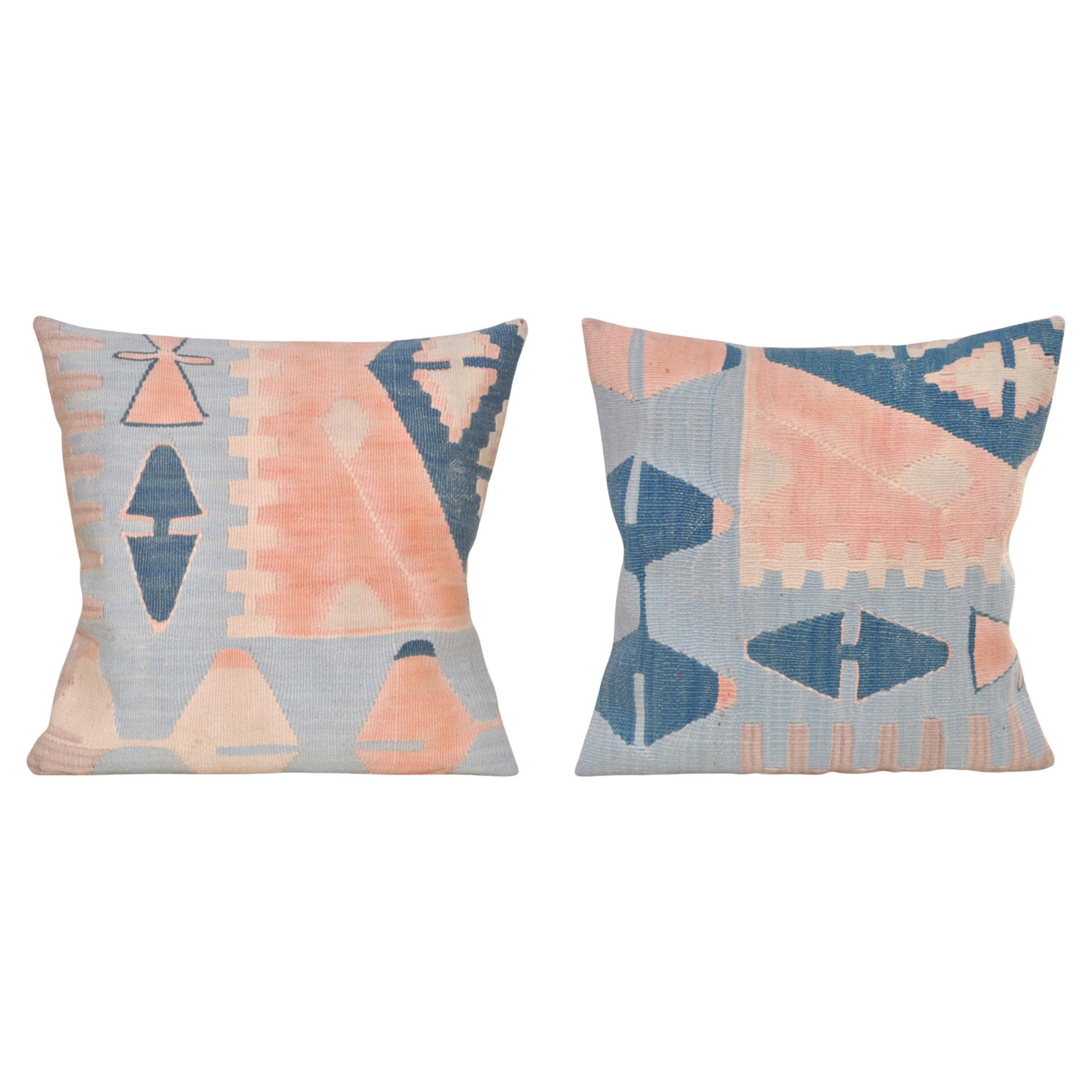 Pair of Vintage Kilim Rug Pillow with Irish Linen Blue Blush Pink For Sale