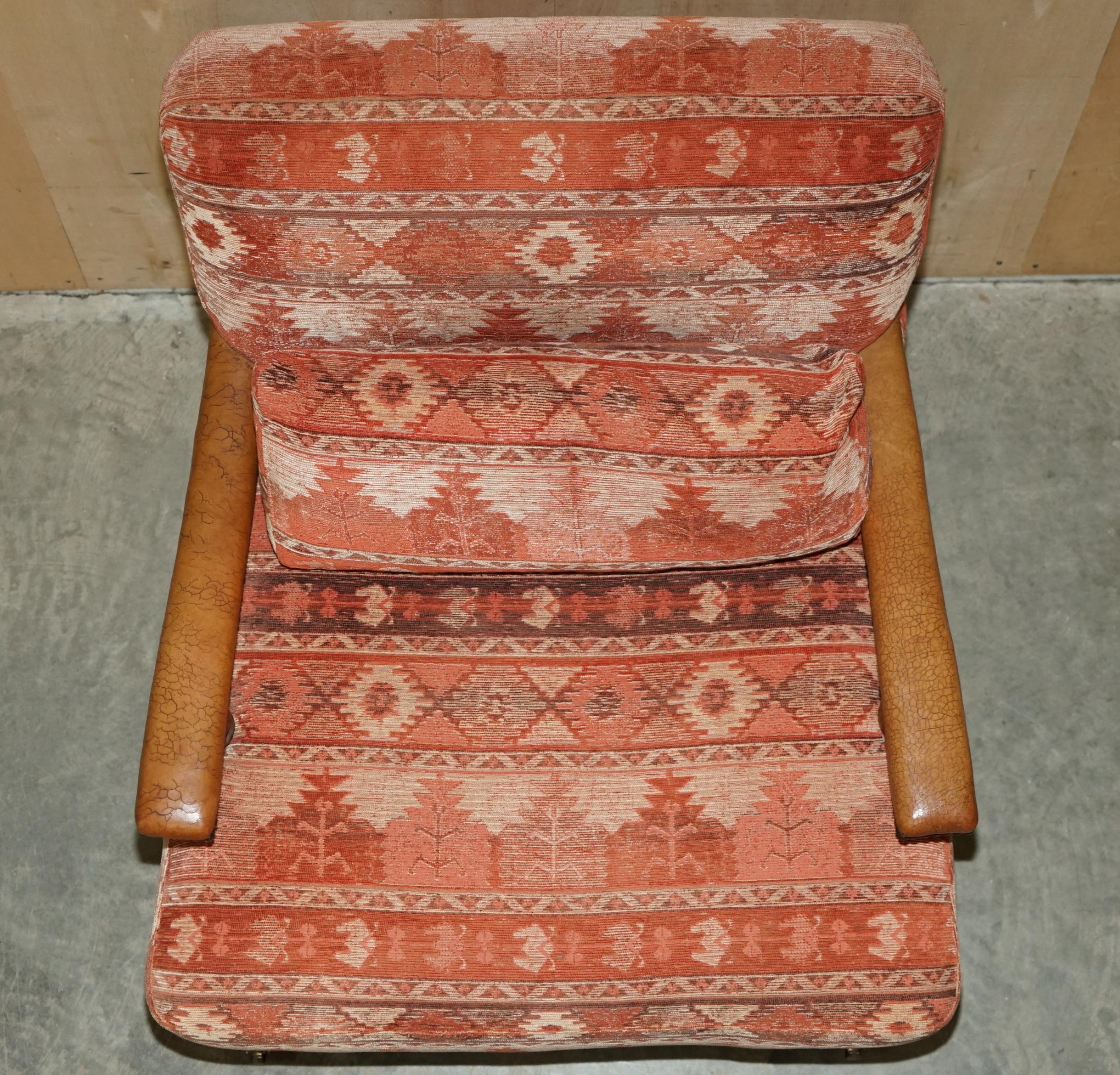 Pair of Vintage Kilim Upholstered Brown Leather Library Reading Armchairs 5