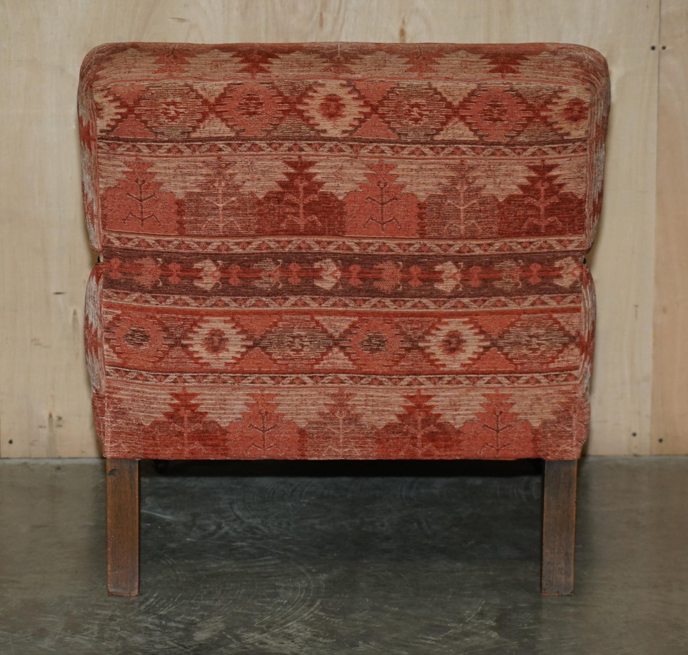 Pair of Vintage Kilim Upholstered Brown Leather Library Reading Armchairs 10