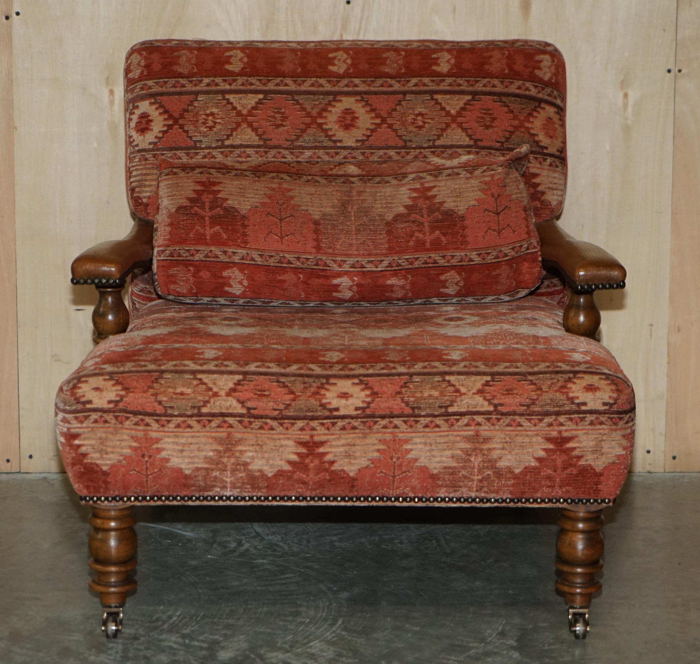 European Pair of Vintage Kilim Upholstered Brown Leather Library Reading Armchairs