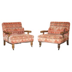 Pair of Vintage Kilim Upholstered Brown Leather Library Reading Armchairs