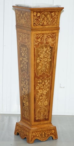 Pair of Vintage Kingwood & Hardwood & Marble Marquetry Inlaid Jardinière Stands