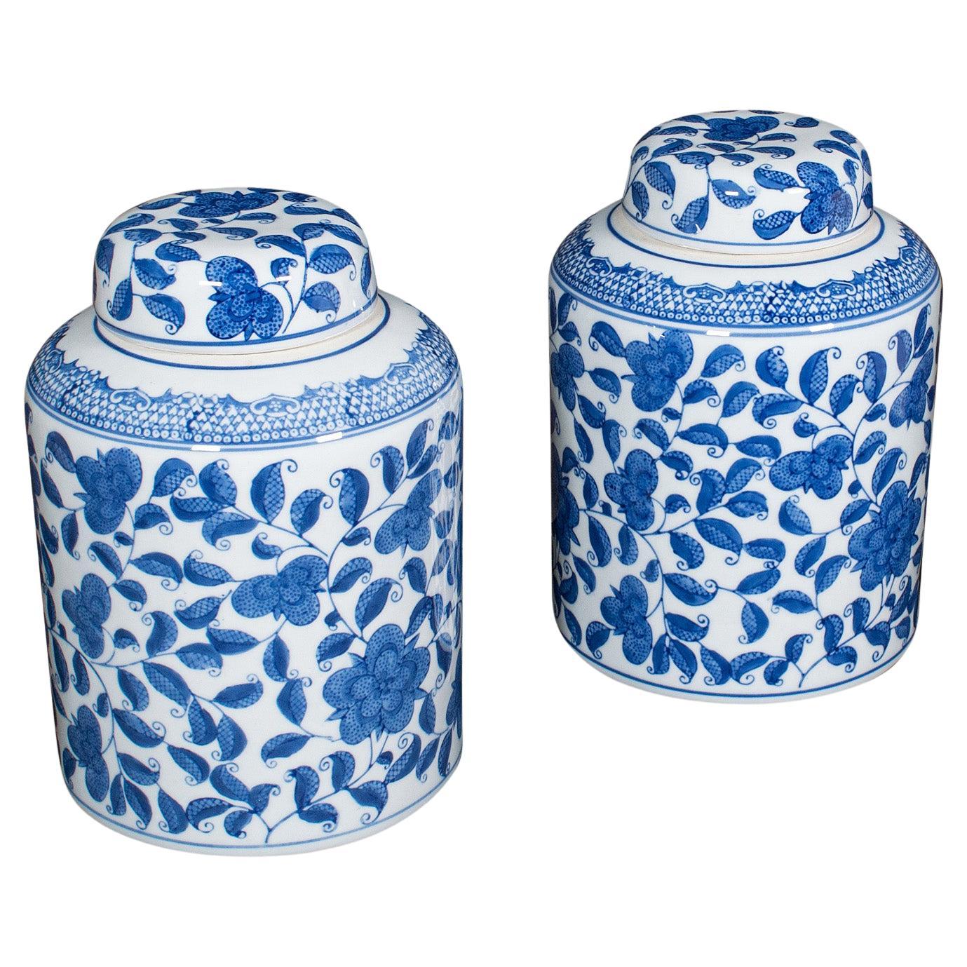 Pair Of Vintage Kitchen Display Jars, Chinese, Ceramic, Blue & White, Storage