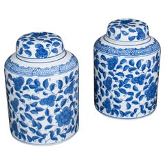 Pair Of Vintage Kitchen Display Jars, Chinese, Ceramic, Blue & White, Storage