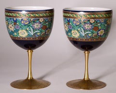 Pareja de Vasos de Porcelana Japonesa Kutani Vintage con Tallos de Latón