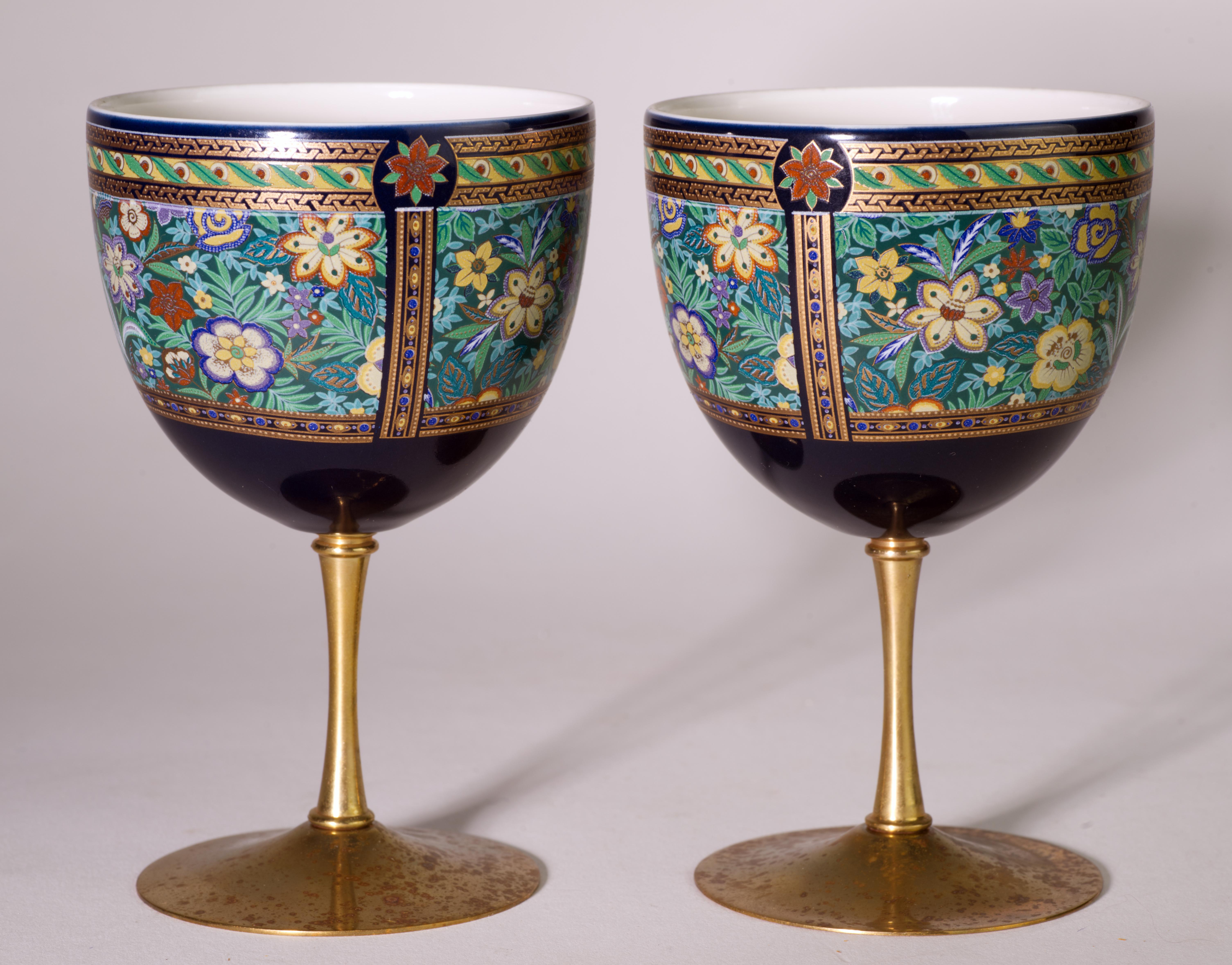 Hand-Crafted Pair of Vintage Kutani Japanese Porcelain Glasses with Brass Stems For Sale