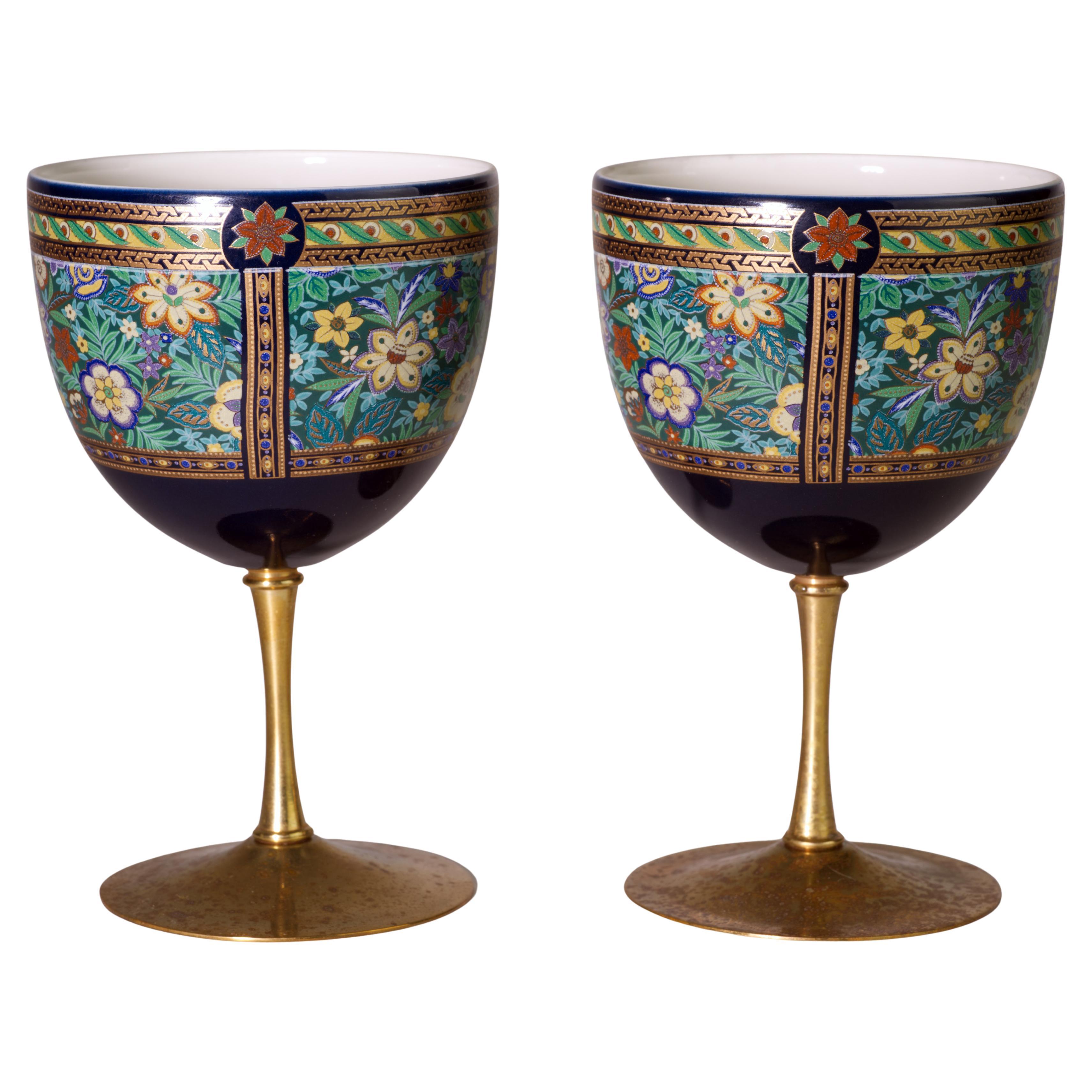Pair of Vintage Kutani Japanese Porcelain Glasses with Brass Stems