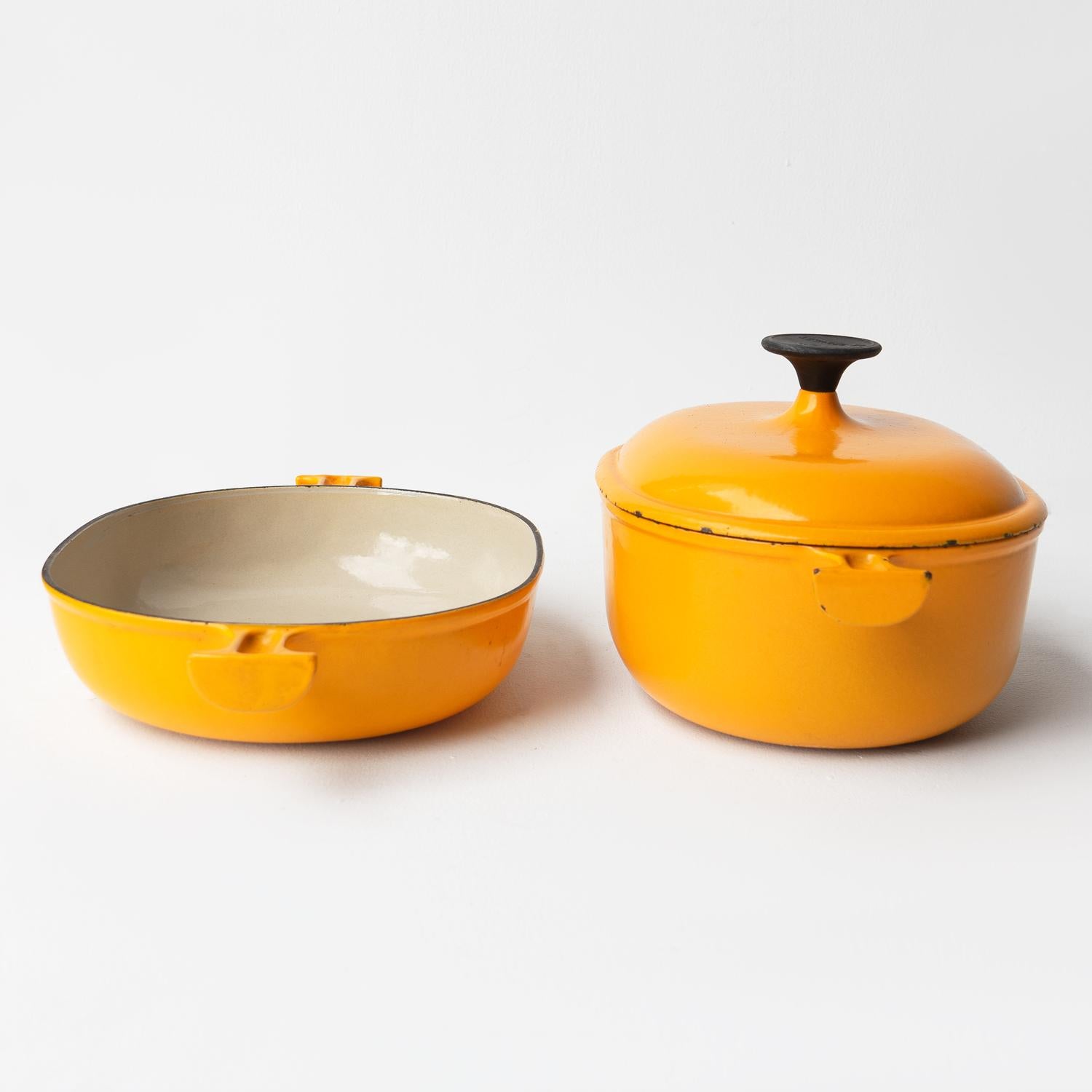 French Pair Of Vintage 'La Mama' Enamel Pans By Enzo Mari For Le Creuset, Roasting Dish