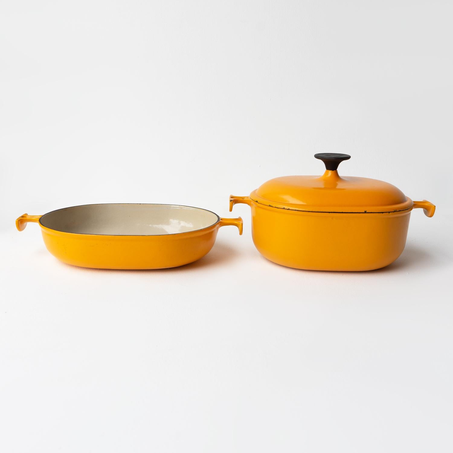 Pair Of Vintage 'La Mama' Enamel Pans By Enzo Mari For Le Creuset, Roasting Dish In Good Condition In Bristol, GB
