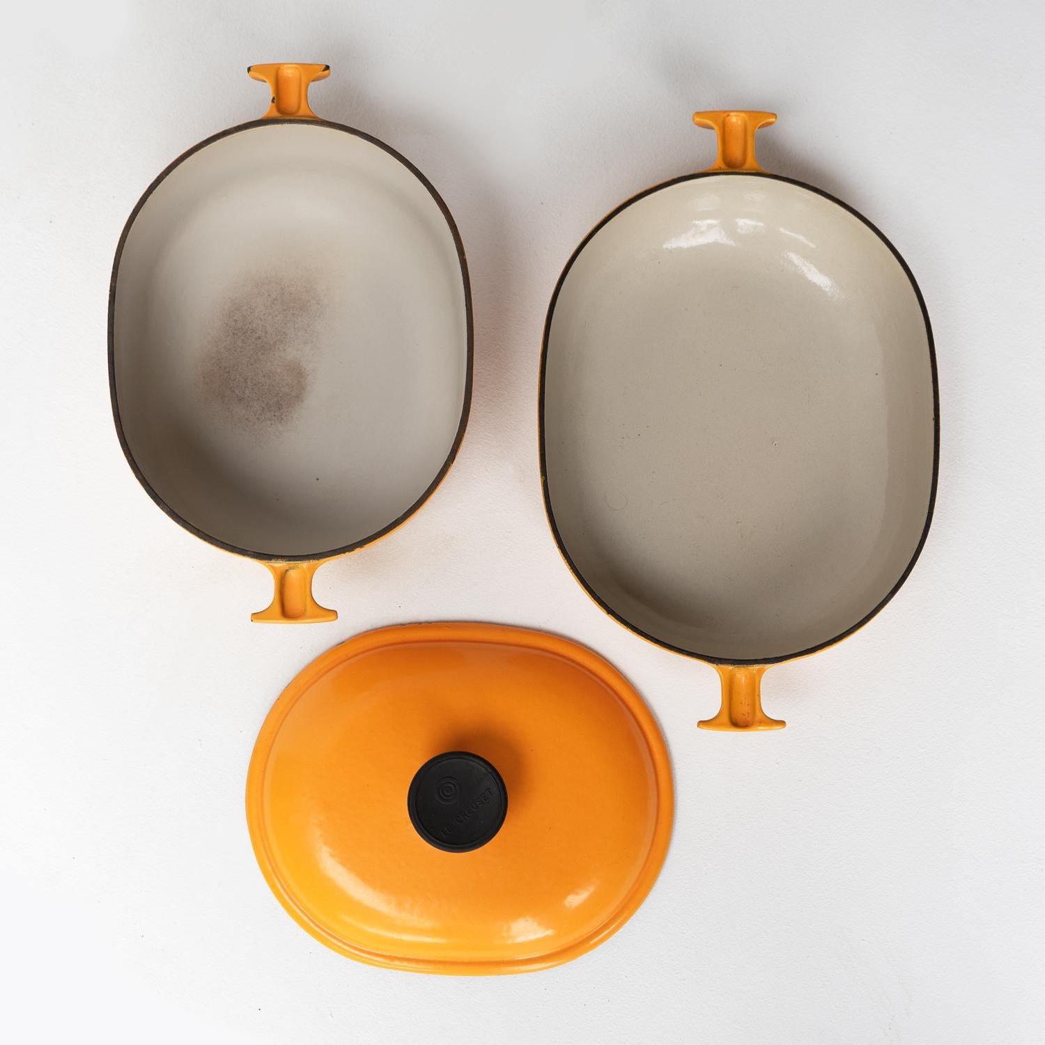 Pair Of Vintage 'La Mama' Enamel Pans By Enzo Mari For Le Creuset, Roasting Dish 1