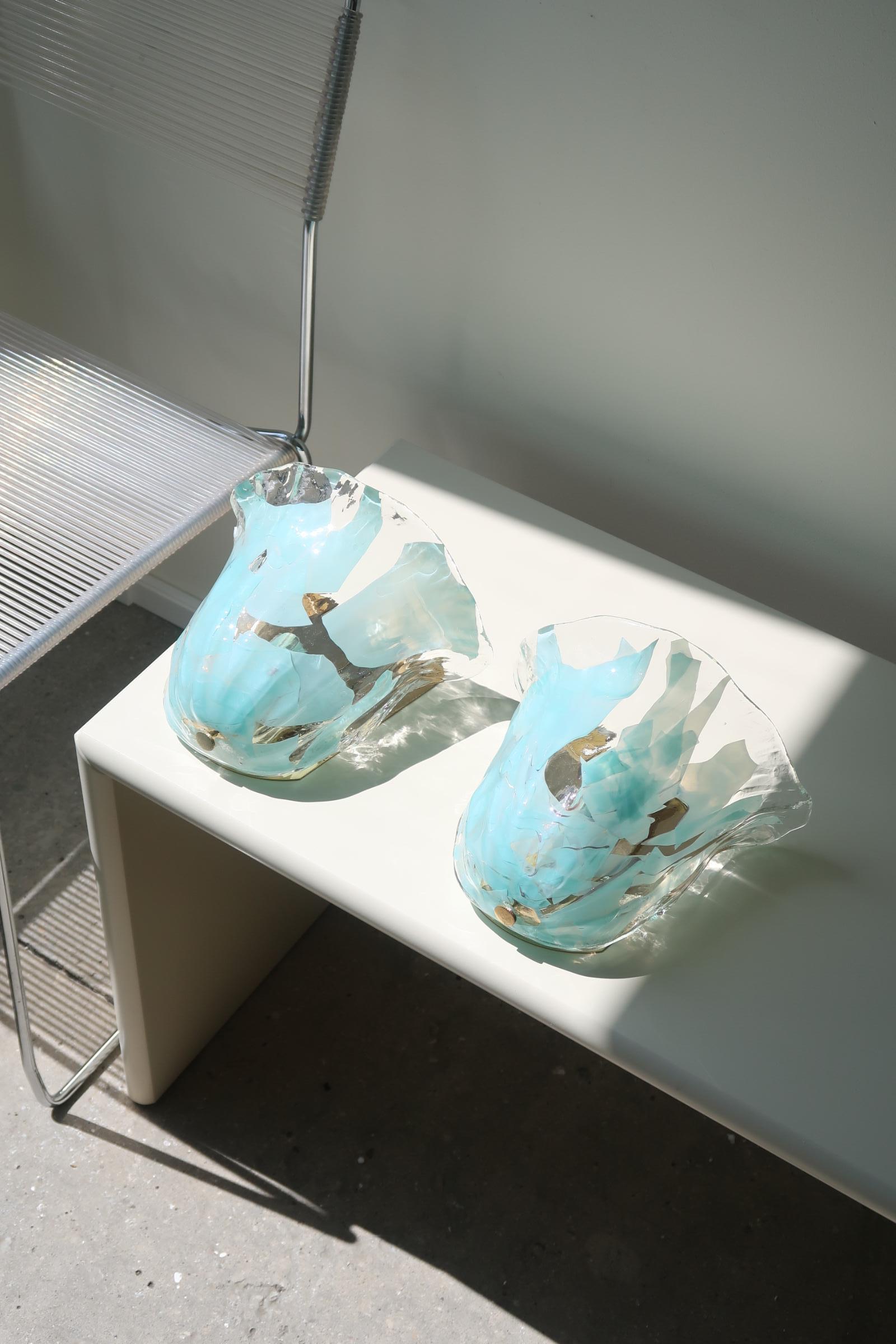 Pair of Vintage La Murrina Signed Murano Glass Turquoise Aqua Scone Wall Lamps  1